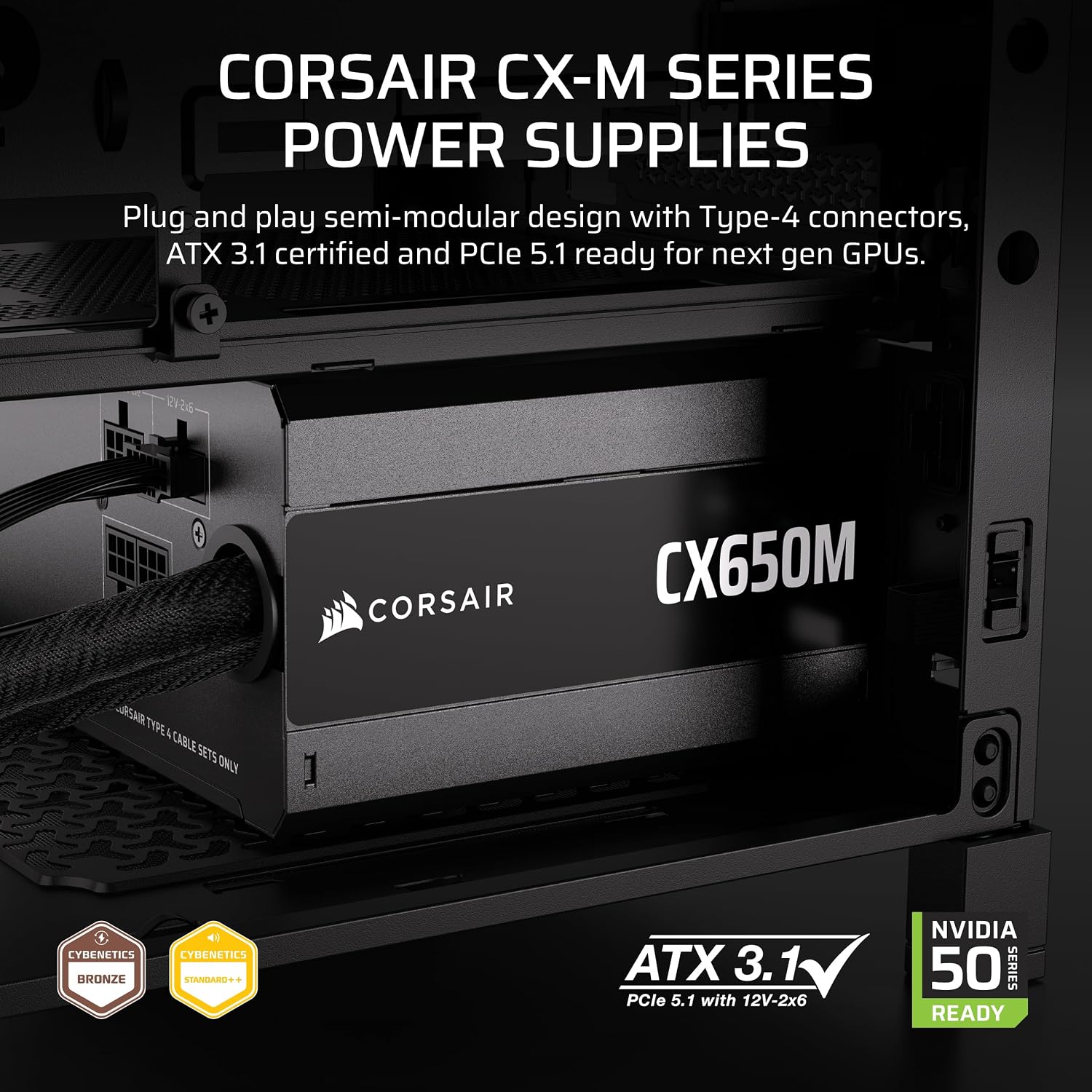 CORSAIR CX650M Semi Modular ATX 3.1 PCIe 5.1 Low-Noise 650W Power Supply Black - OPCbleu