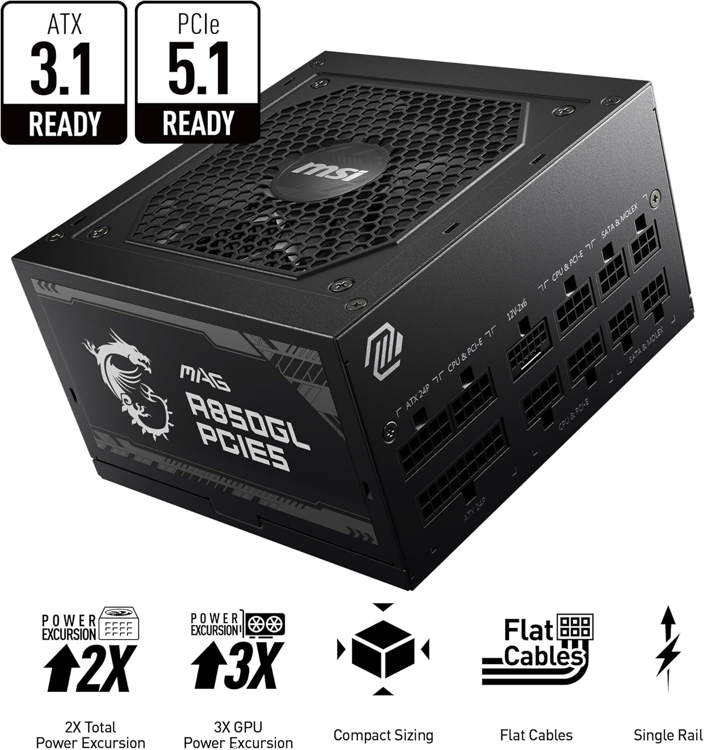 MSI MAG A850GL Gaming Power Supply 850W 80+ Gold ATX 3.1 PCIe 5.1 - OPCbleu