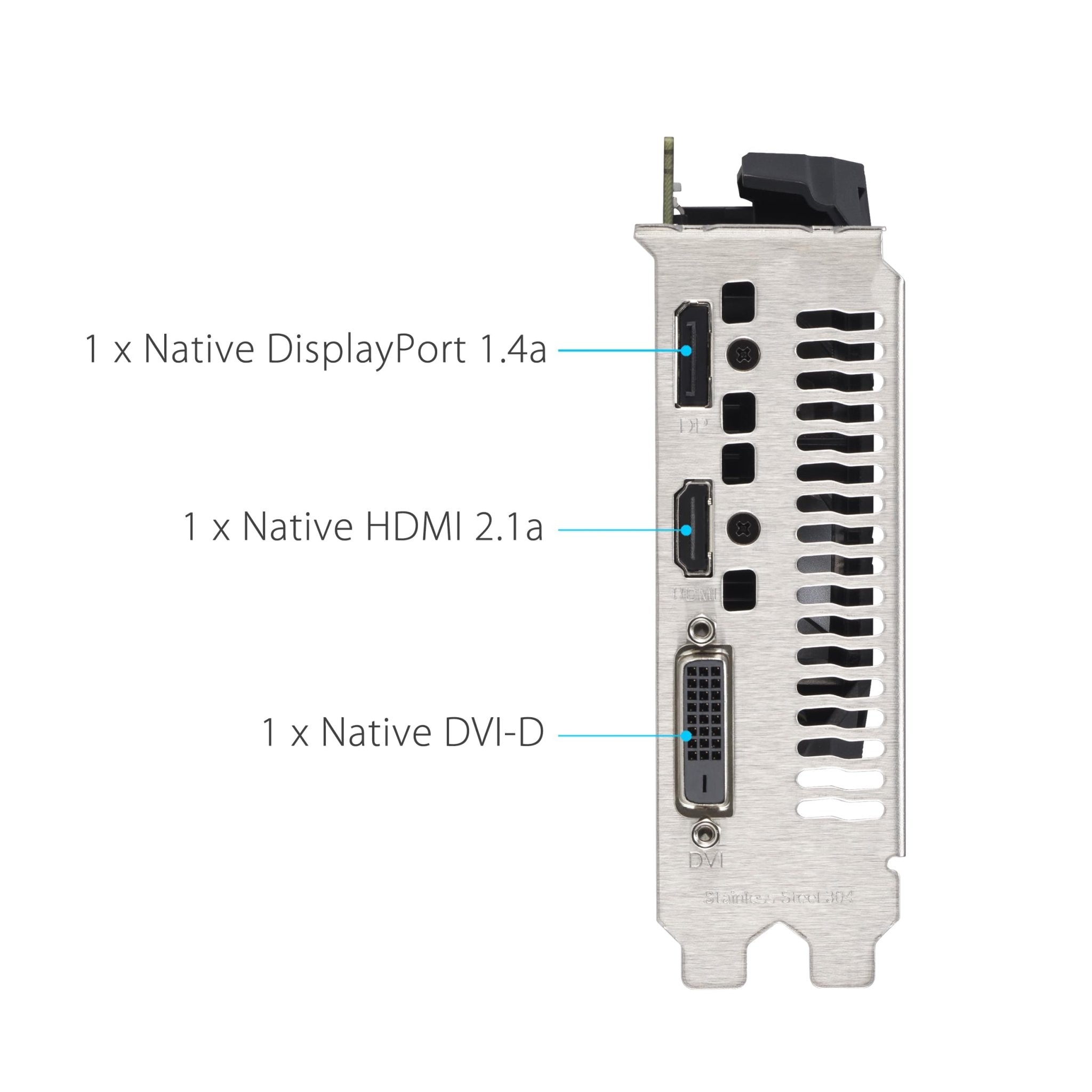 Stainless steel 304 I/O bracket on ASUS RTX 3050 featuring DisplayPort HDMI and DVI-D ports