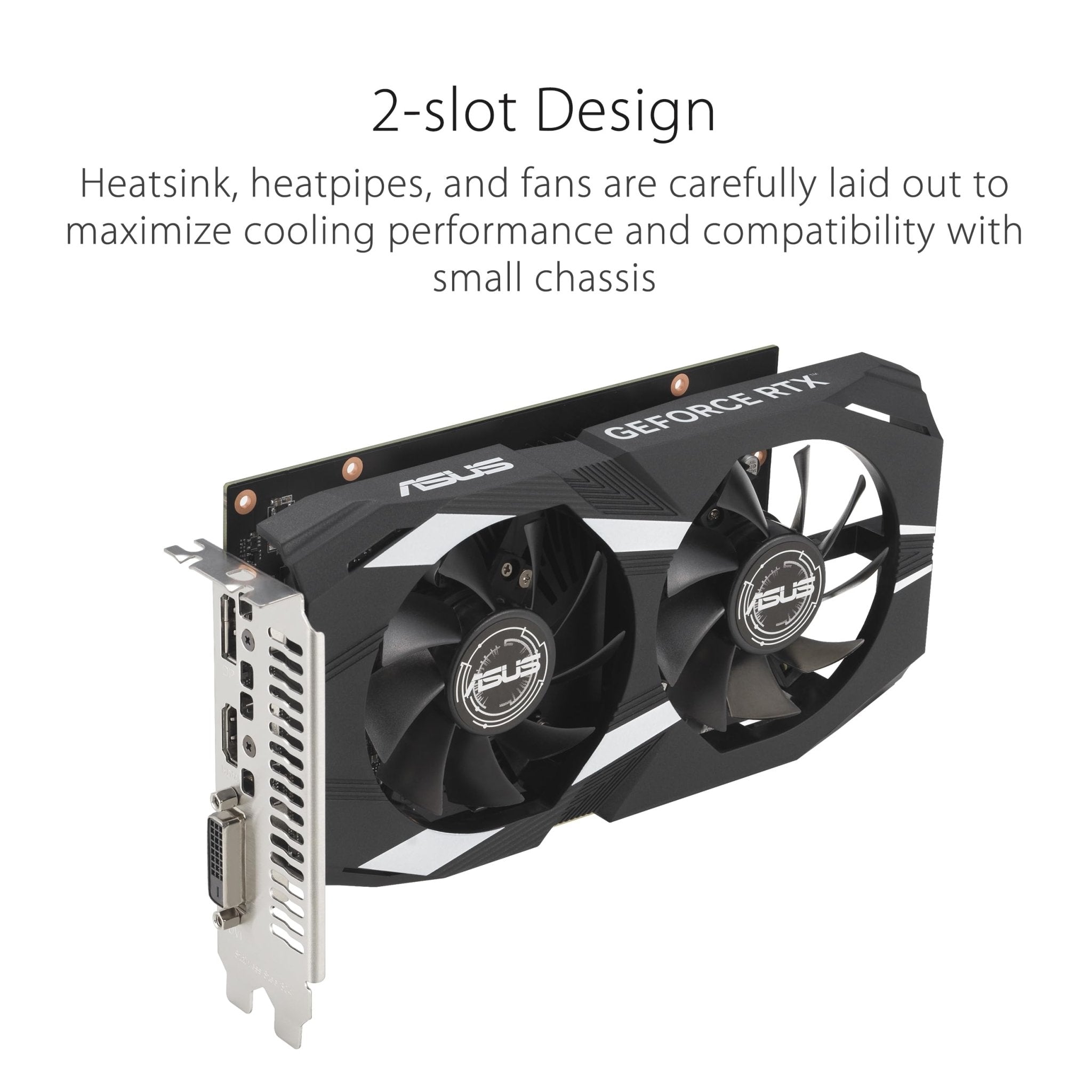 ASUS Dual GeForce RTX 3050 OC Edition two-slot design graphics card with brushed shroud and silver I/O bracket