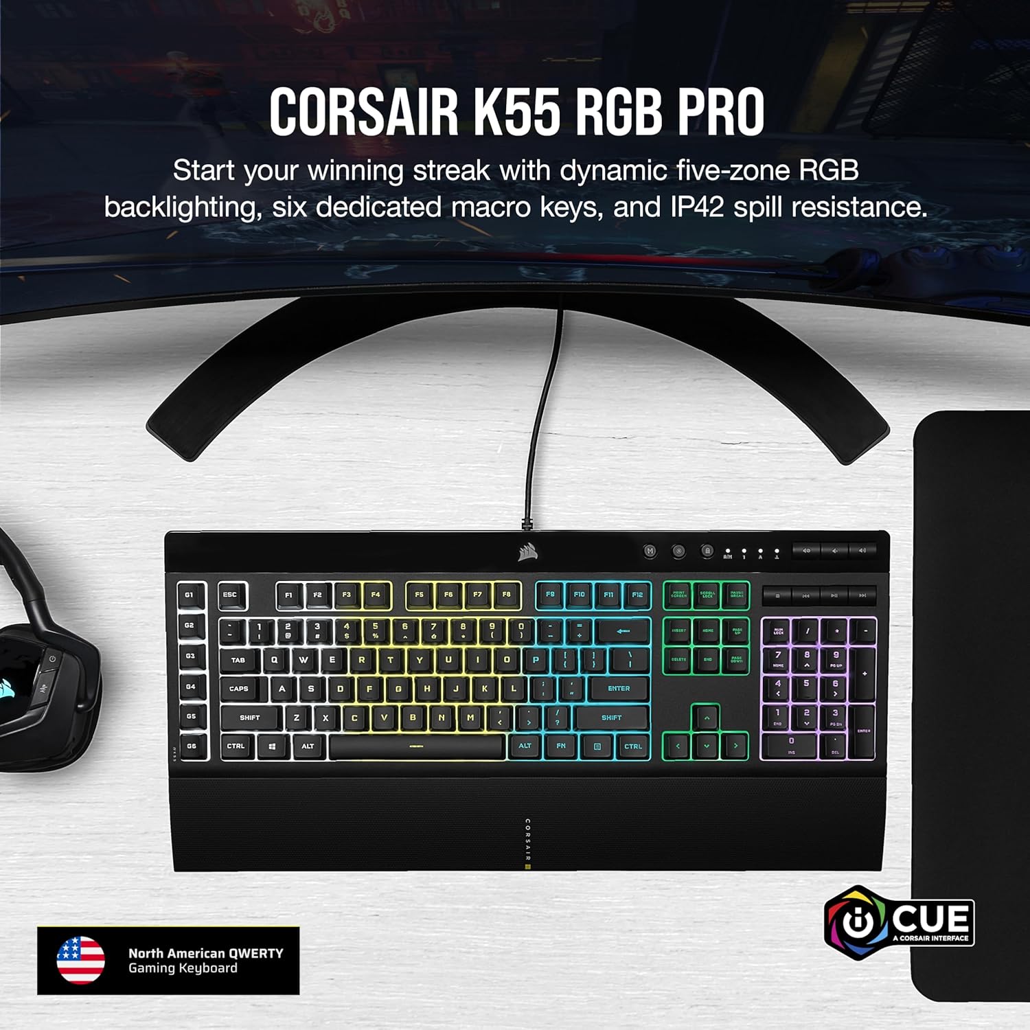 Corsair K55 RGB PRO Membrane Gaming Keyboard IP42 Spill-Resistant Black