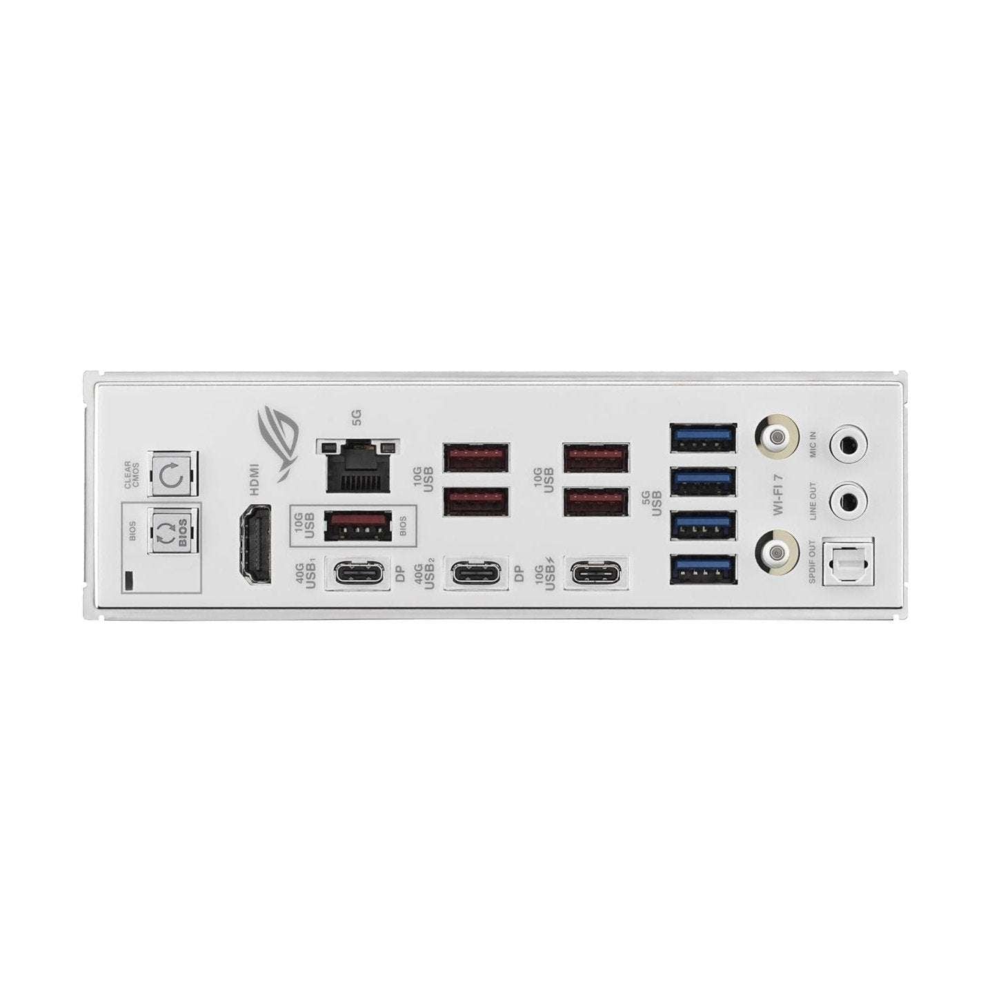 White motherboard rear I/O panel with Ethernet, USB, HDMI/DP, audio, and antenna port
