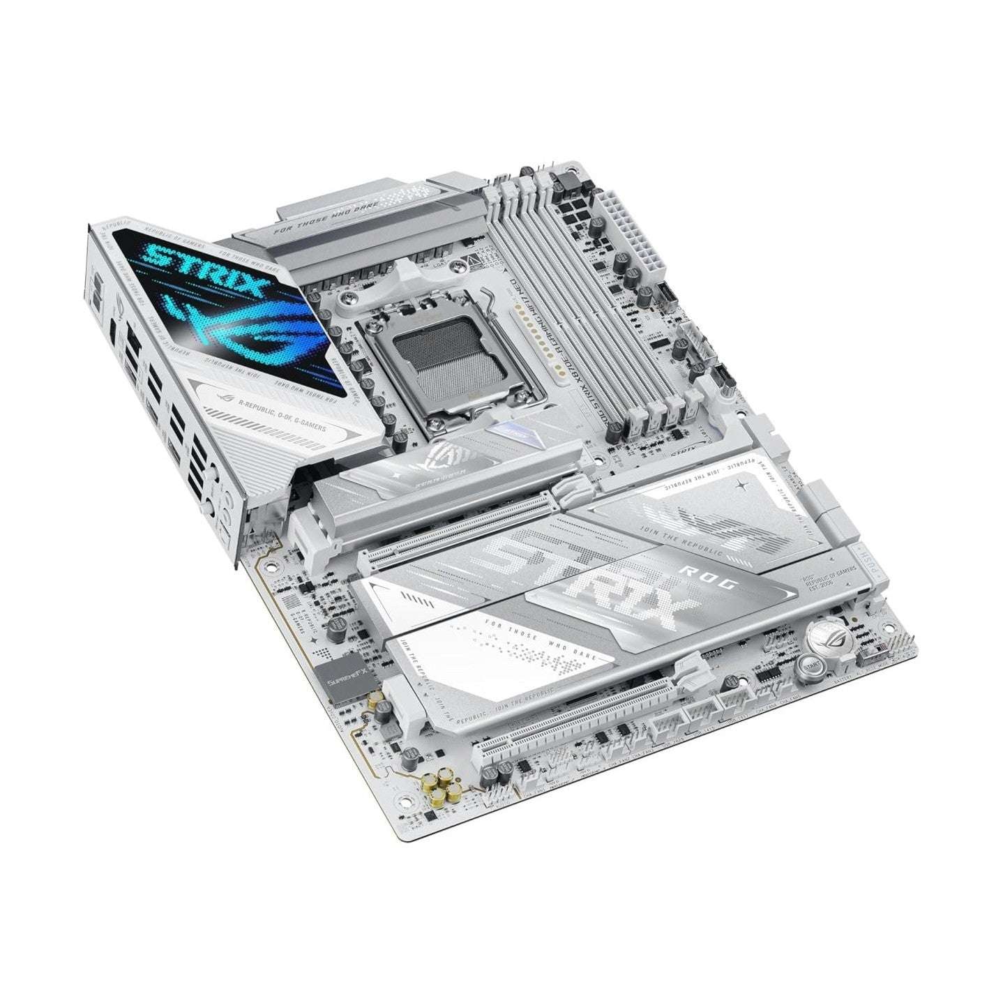 White gaming ATX motherboard with ROG STRIX emblem, VRM heatsinks, and PCIe slot area