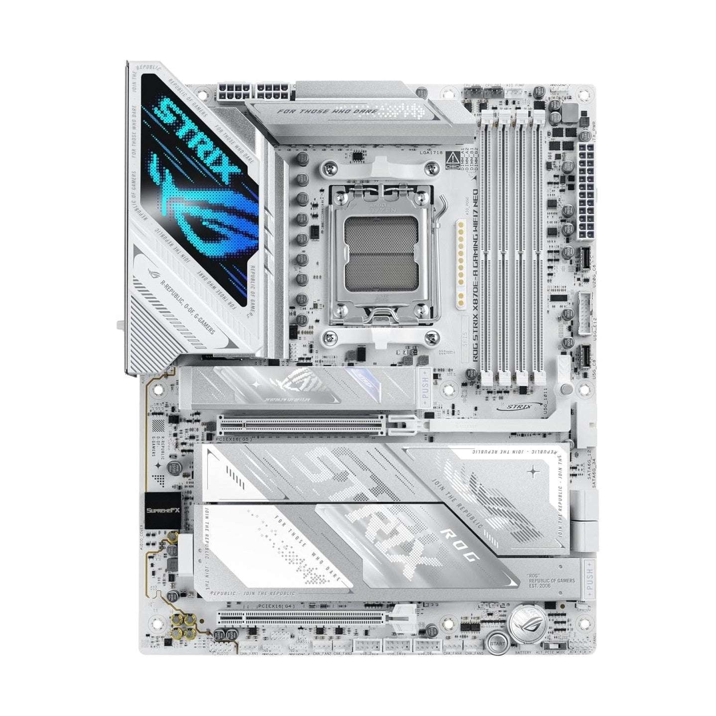 ATX gaming motherboard close-up with PCIe slots, CPU socket, and STRIX heatsink