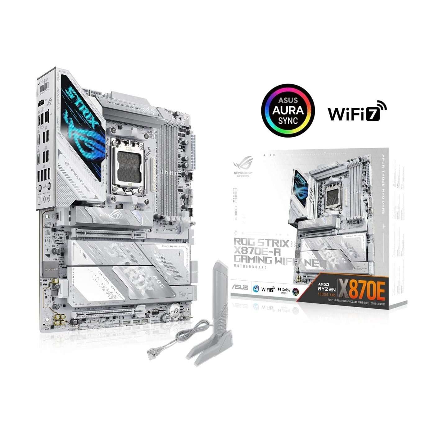 White ROG STRIX ATX motherboard with blue emblem, plus retail box and WiFi7 branding
