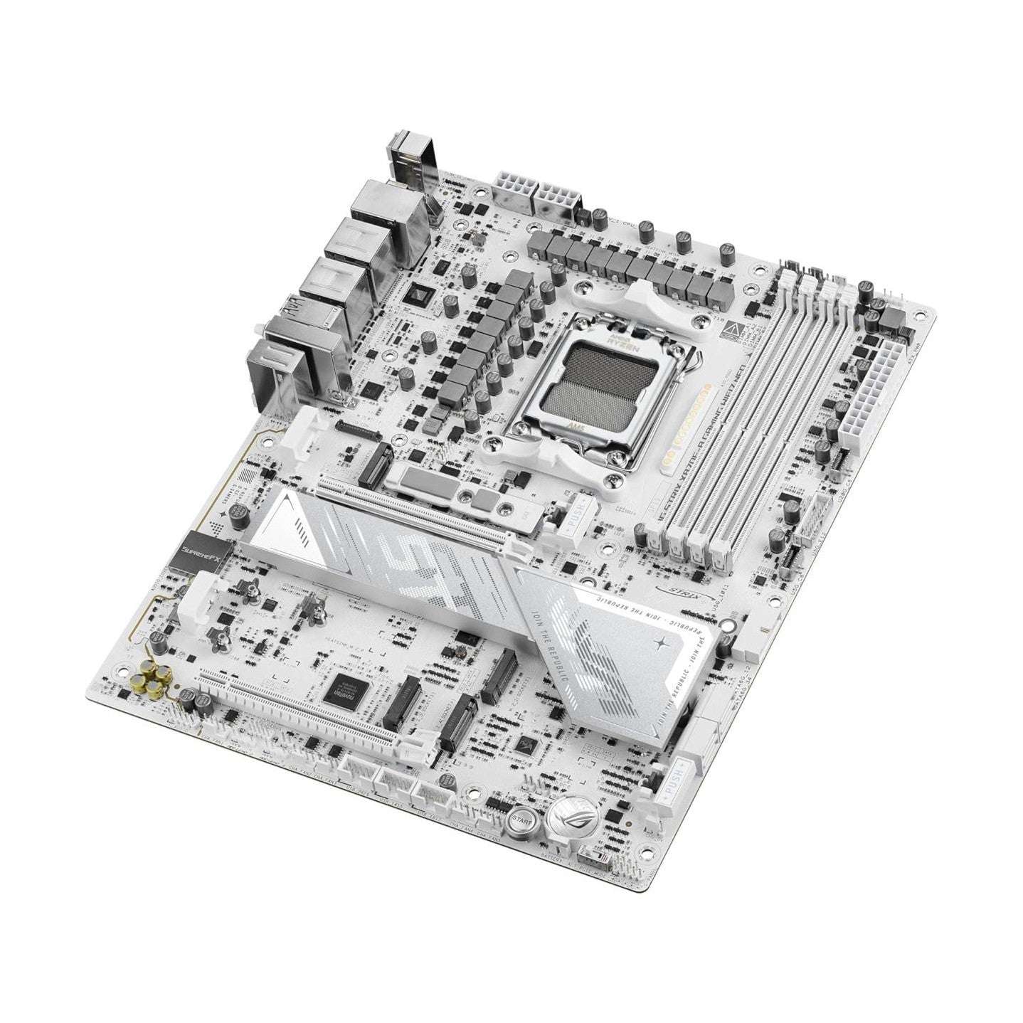 ATX gaming motherboard showing stacked heatsinks, CPU socket, and expansion slots
