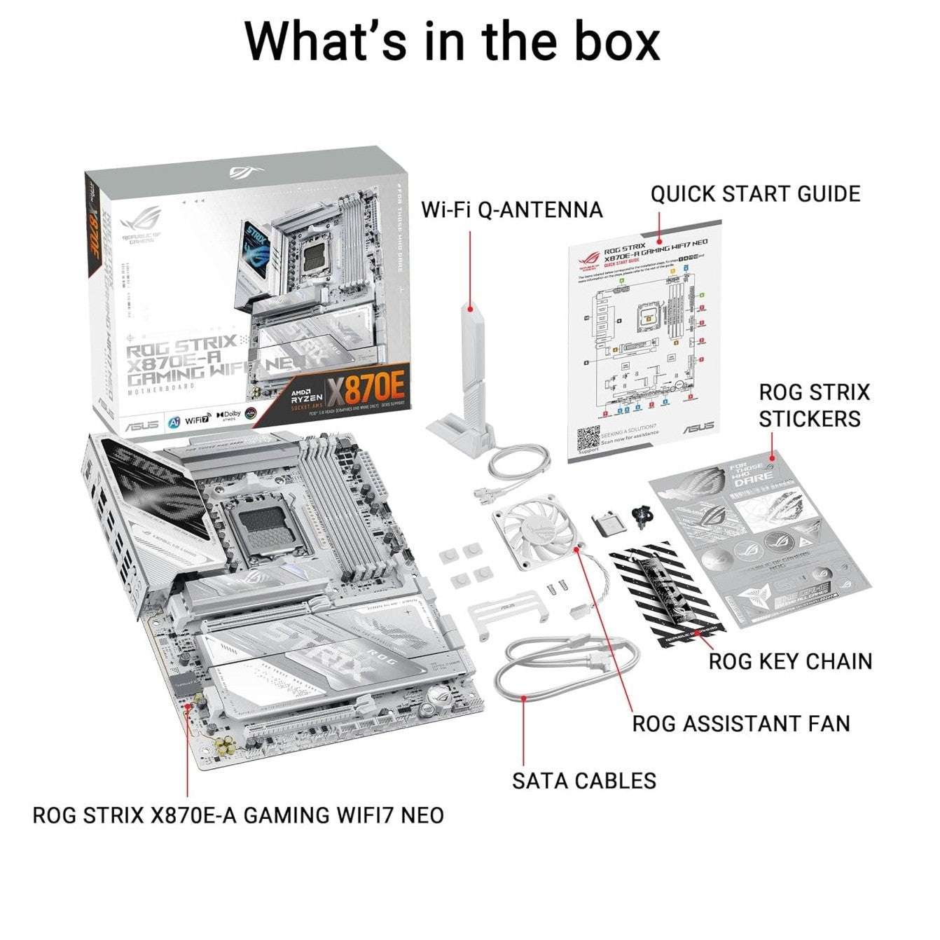 Motherboard box contents set: Wi-Fi antenna, quick start guide, cables, stickers, key chain