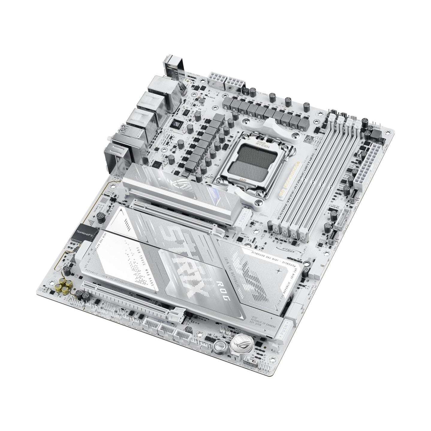ATX gaming motherboard with metal heatsinks and CPU socket, white design