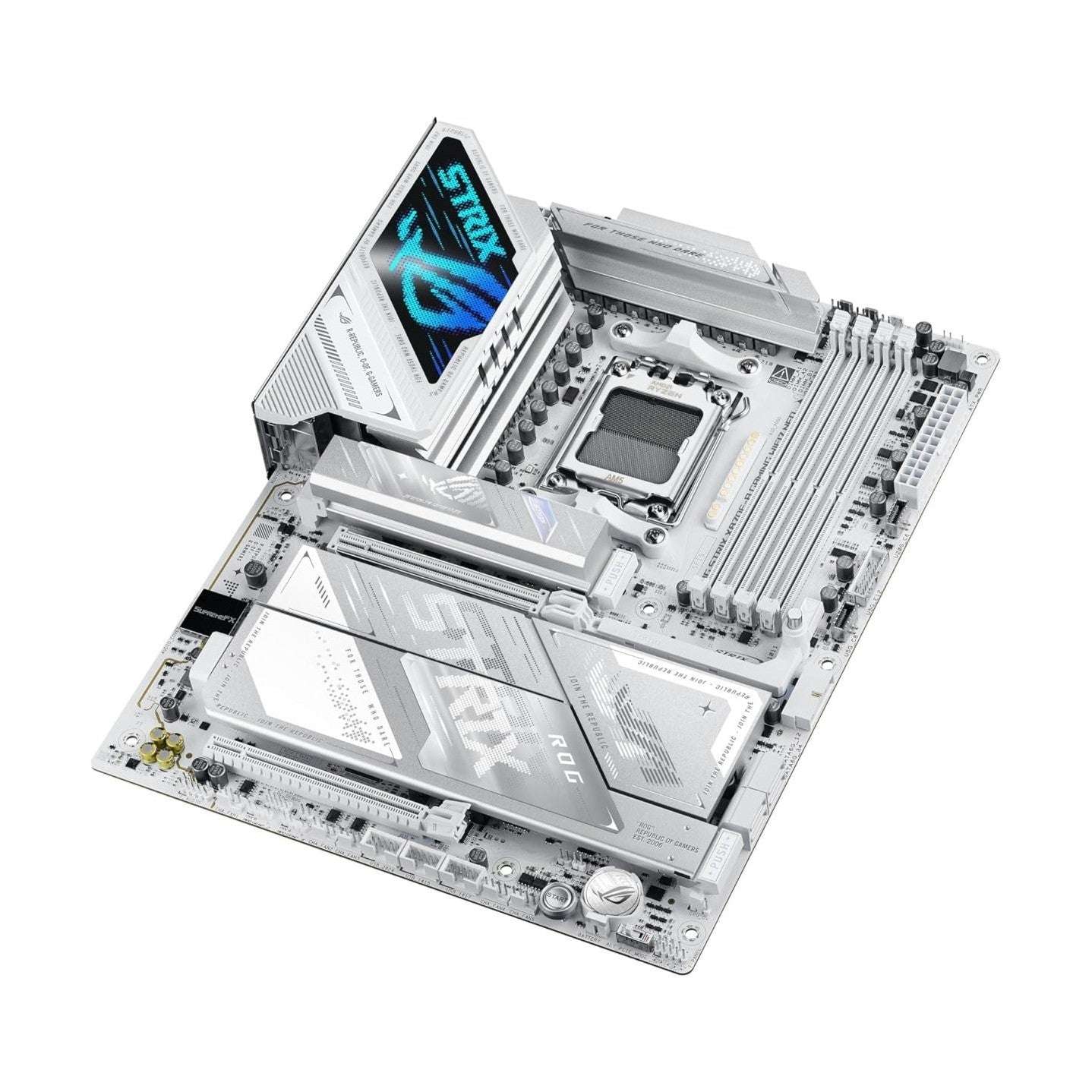 ATX gaming motherboard with large heatsink and graphics card, CPU socket visible