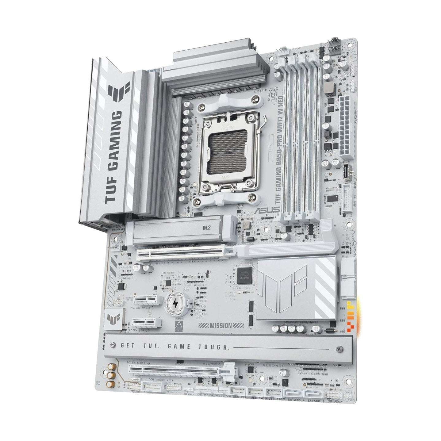 ASUS TUF Gaming ATX motherboard with CPU socket and heatsinks, silver