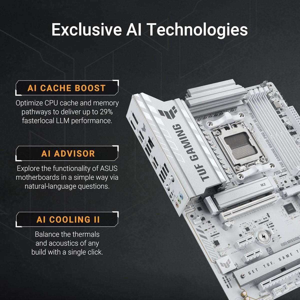 Motherboard feature graphic highlighting AI cache boost, AI advisor, and AI cooling