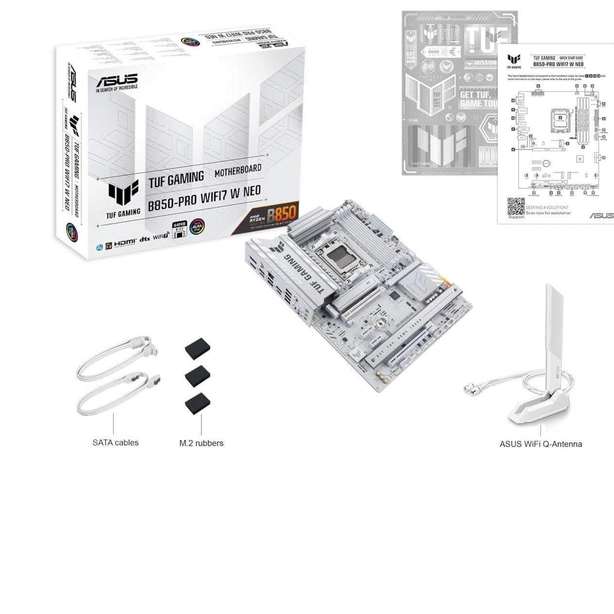 ASUS TUF Gaming B850-PRO WiFi7 NEO motherboard kit with antenna, SATA cables, and parts