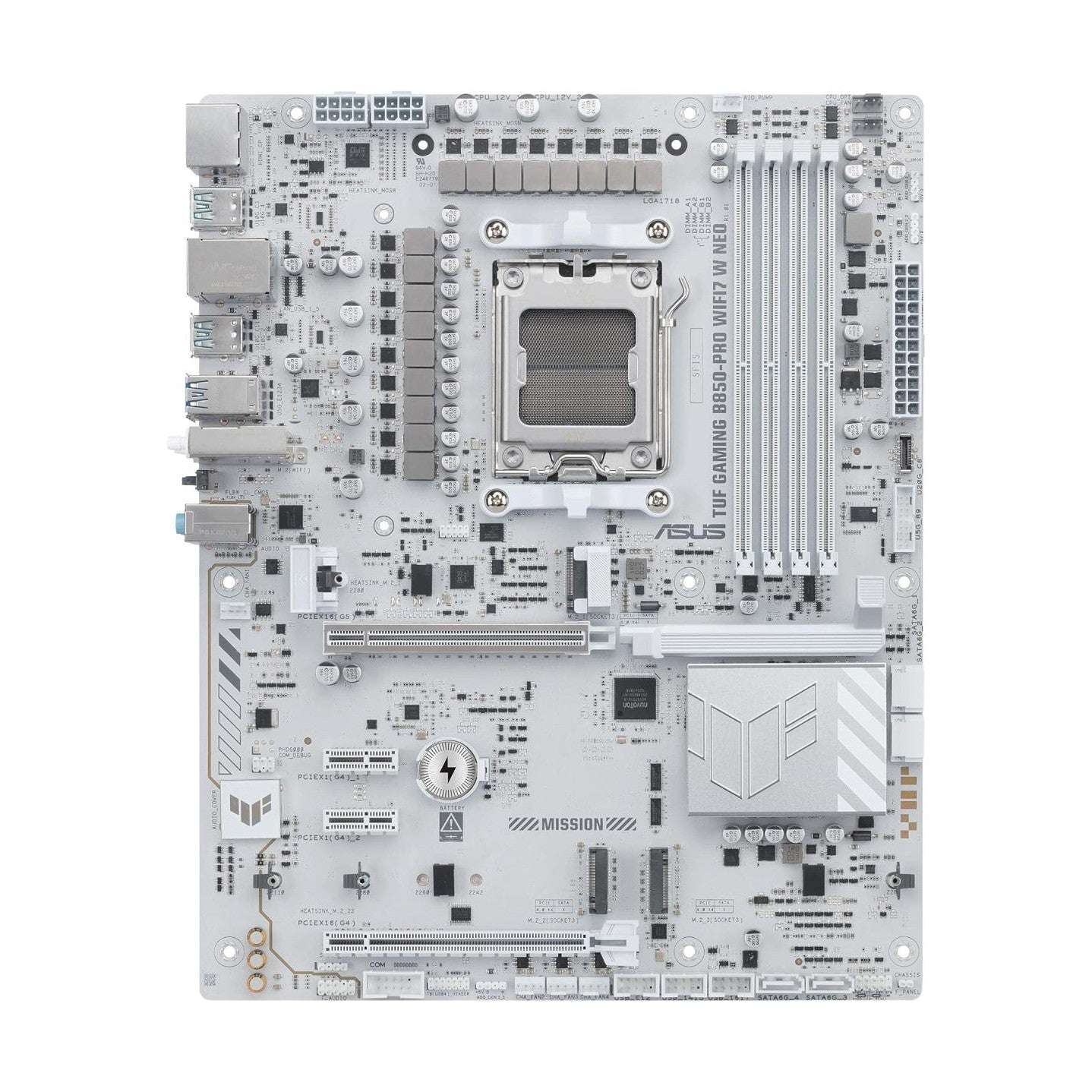 Front view of ATX motherboard with CPU socket, memory slots, and onboard components
