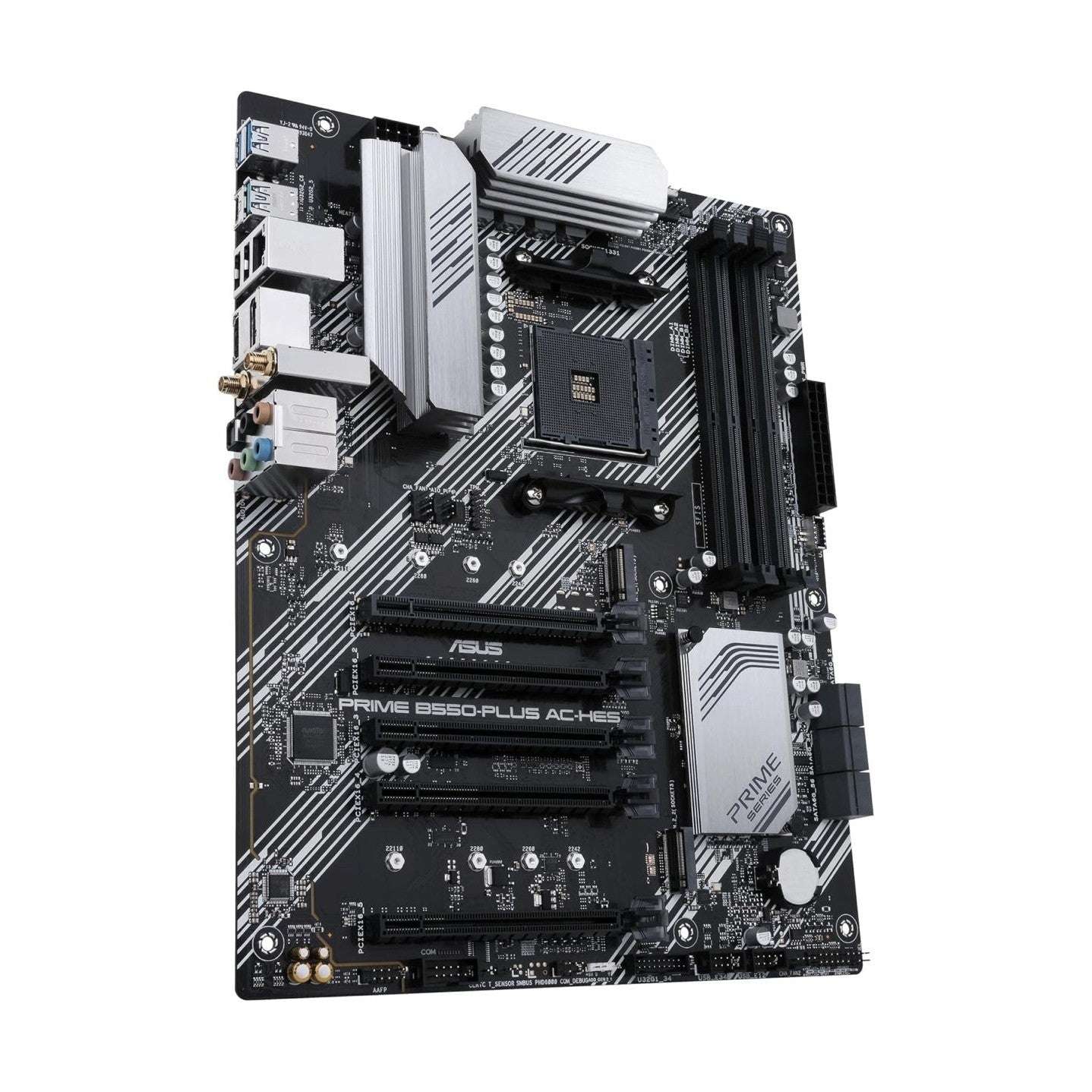 ATX motherboard angled close-up showing chipset heatsink, PCIe slots, and silver armor plates