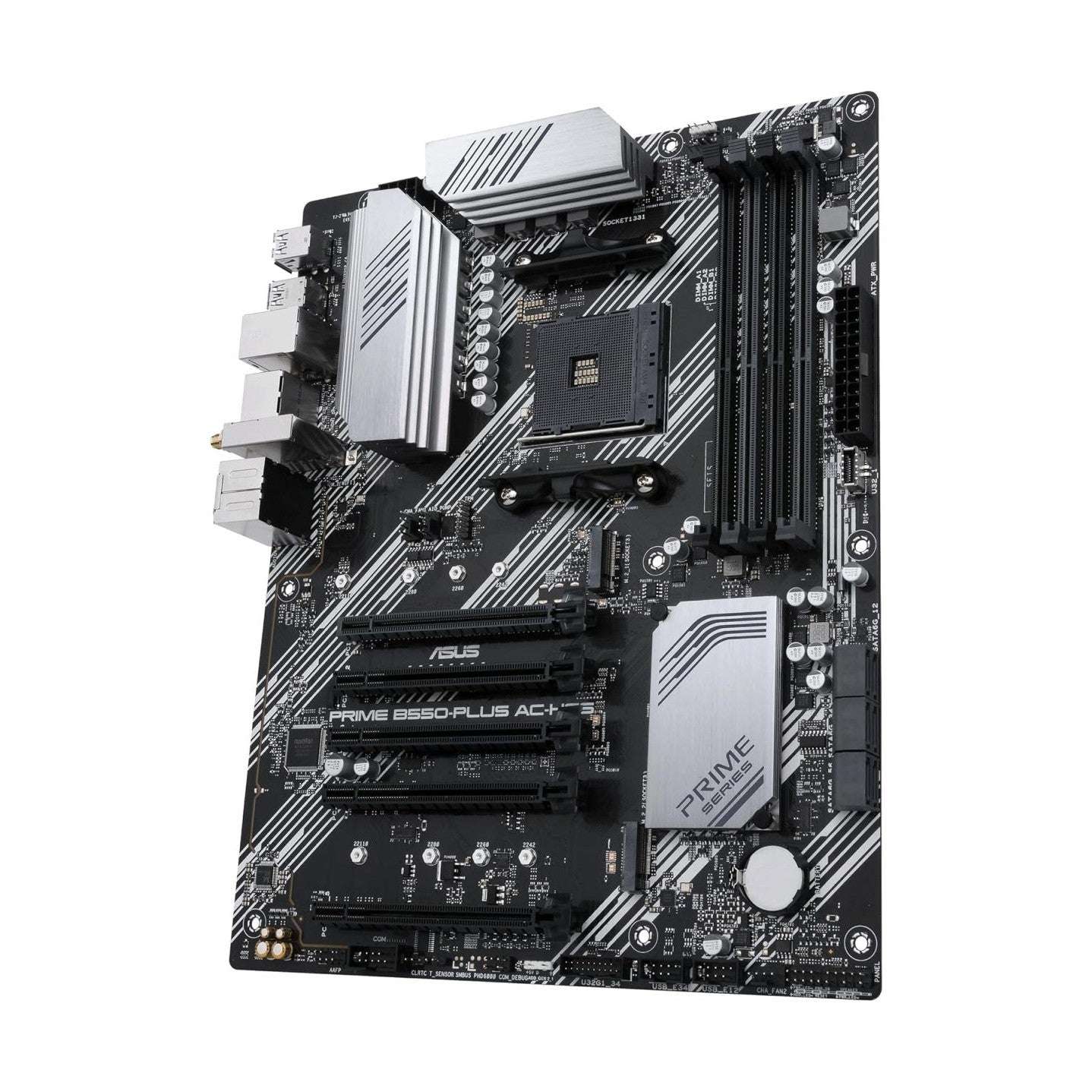 ATX motherboard top-right view with black PCB, dual silver heatsinks, and RAM/slot area