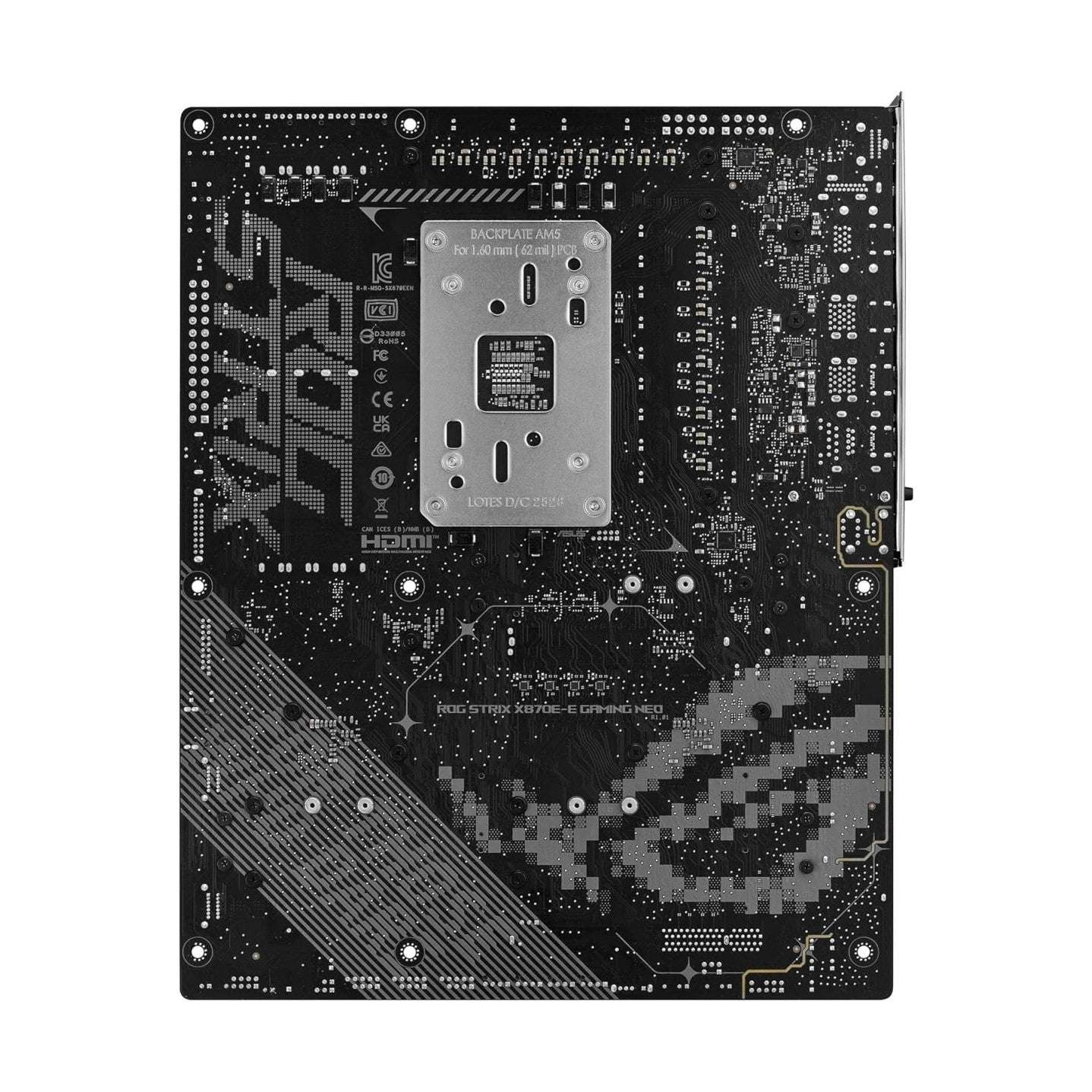 ROG Strix motherboard back side with dark PCB, rear socket area, and detailed circuitry.