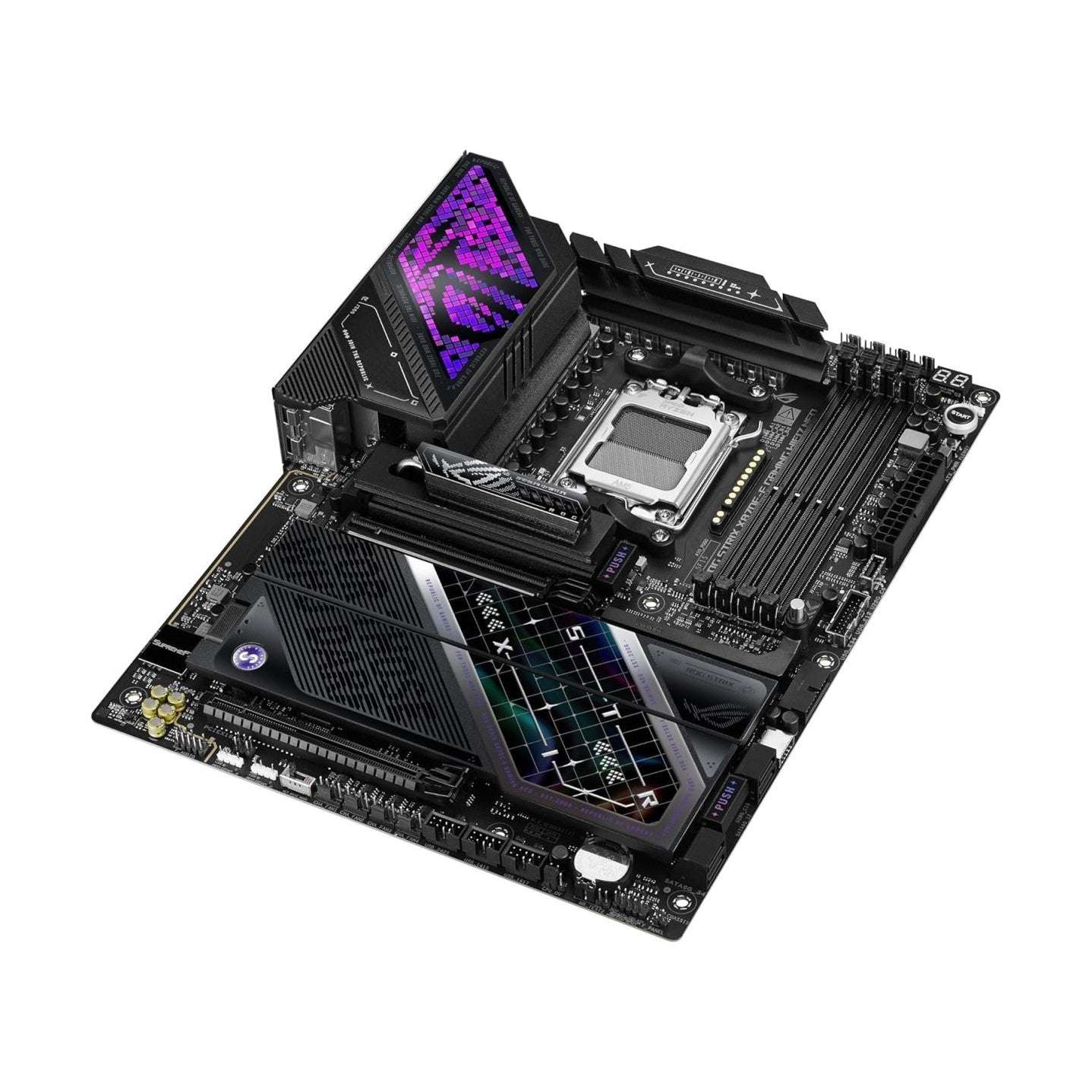 Black gaming motherboard showing CPU socket, long memory slots, and purple RGB accent