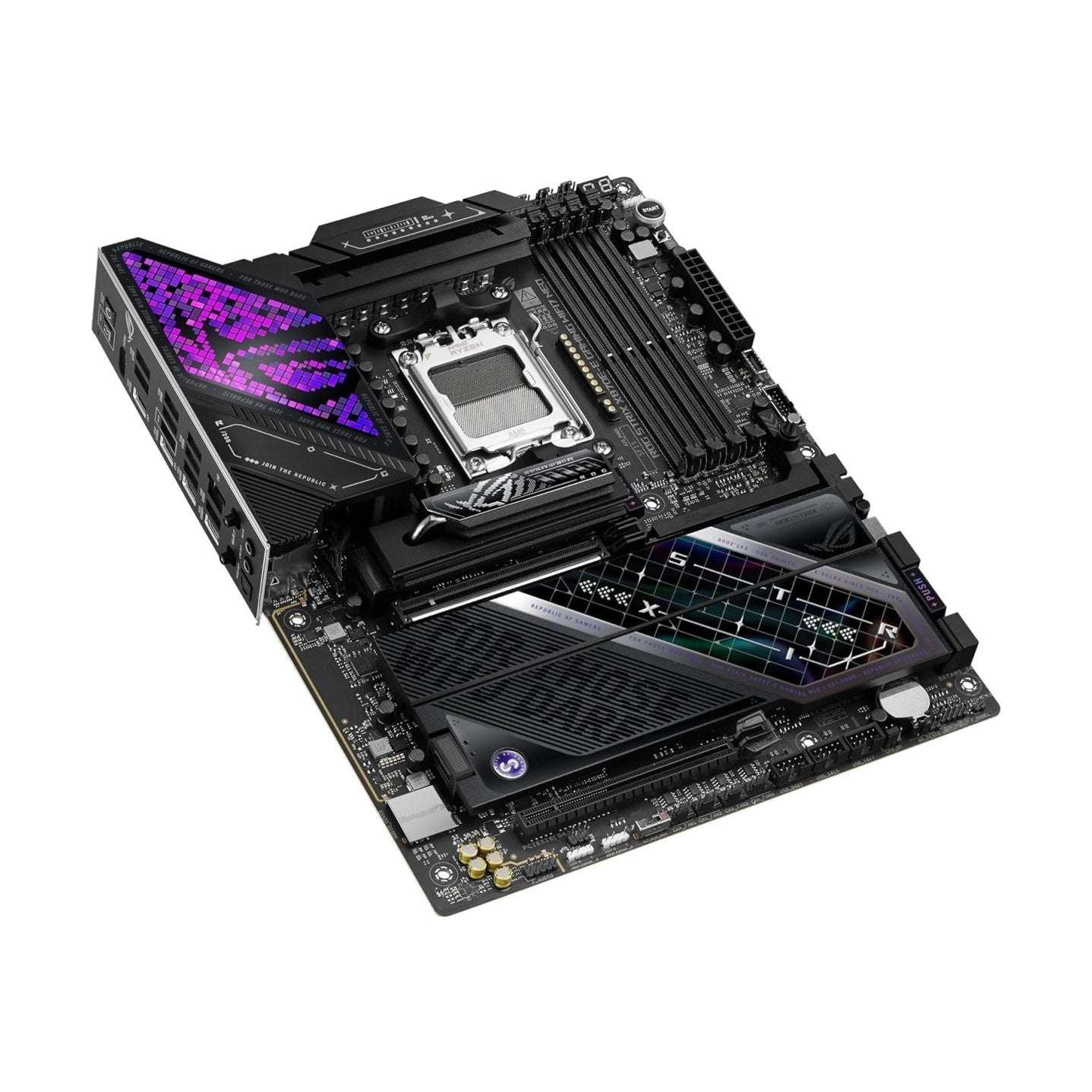 Black gaming motherboard angled view with CPU socket, heatsinks, and purple RGB accent