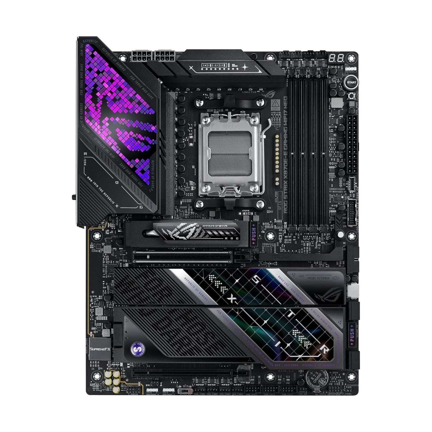 Black gaming motherboard front view with CPU socket, expansion slots, and purple RGB glow