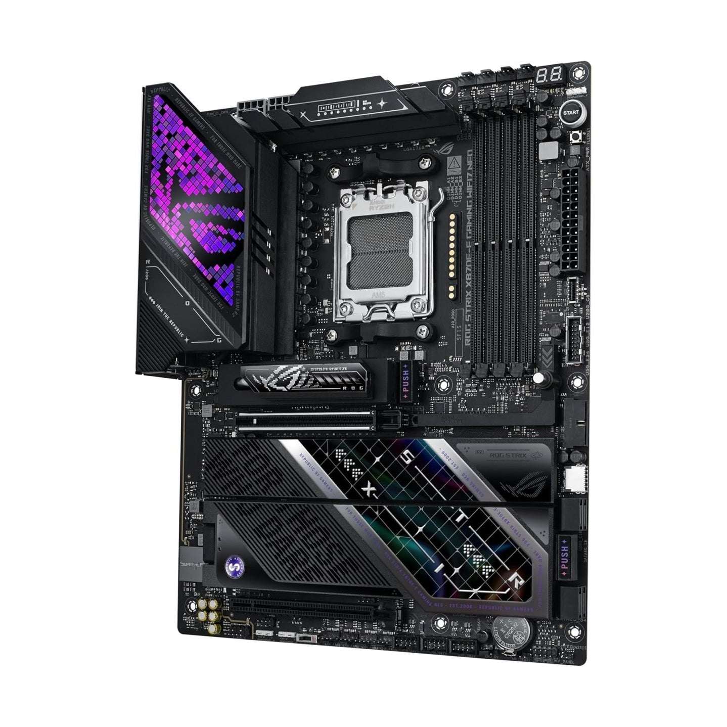 ROG Strix motherboard front view, black PCB with patterned purple LED side panel and slots.