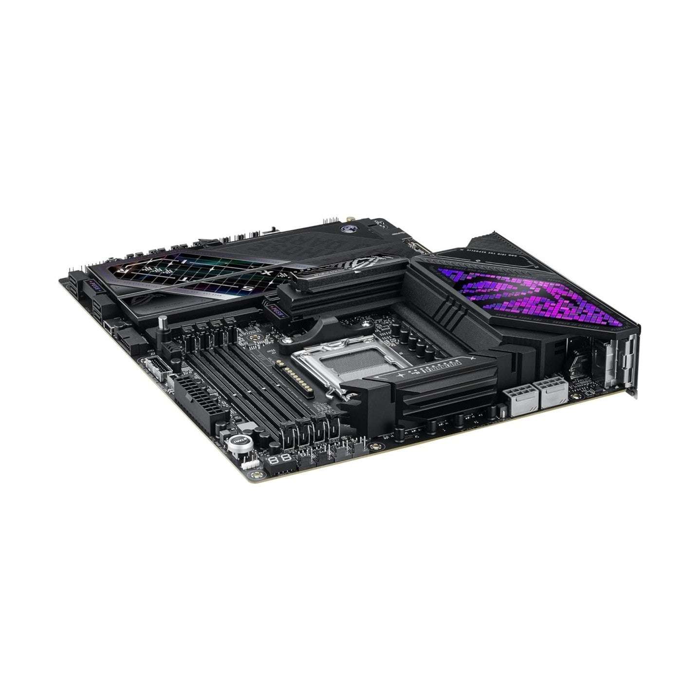 Black gaming motherboard with purple RGB panel, chipset heatsinks, and expansion slots