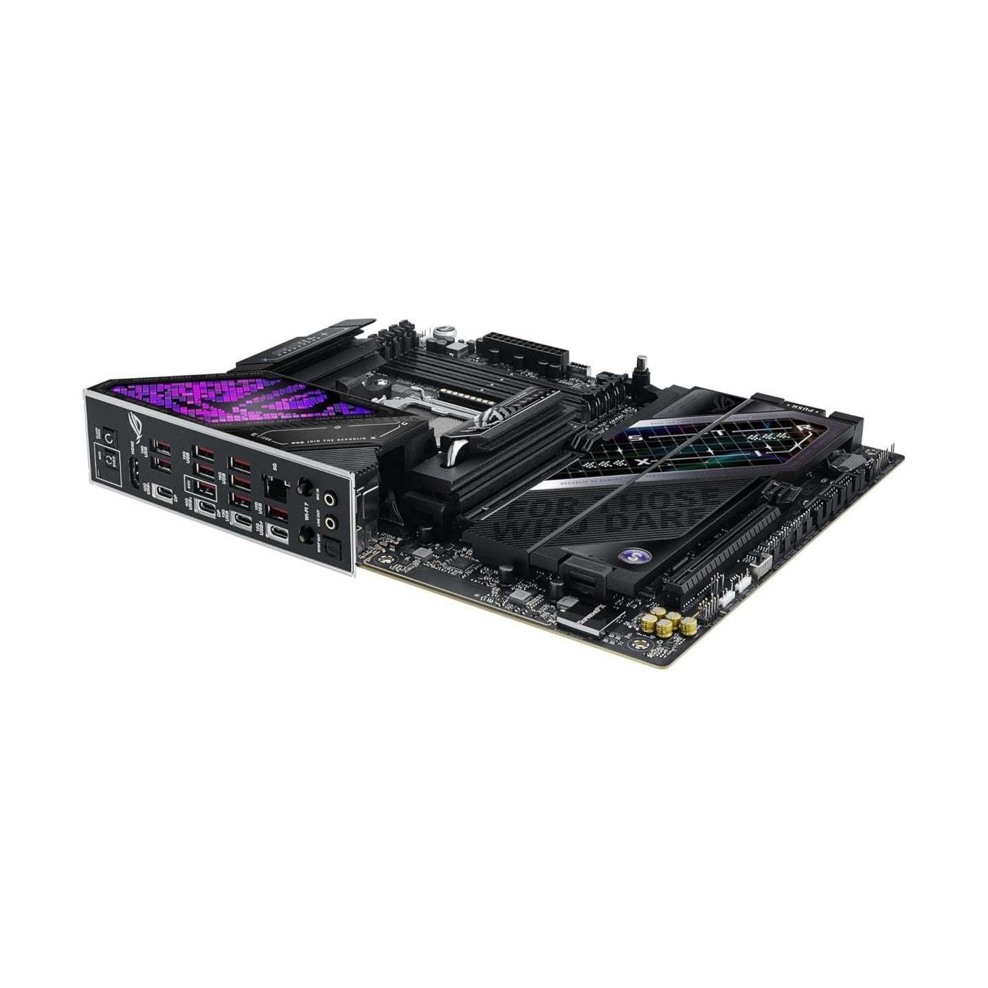 Black gaming motherboard with rear I/O panel, heatsinks, and purple RGB side display