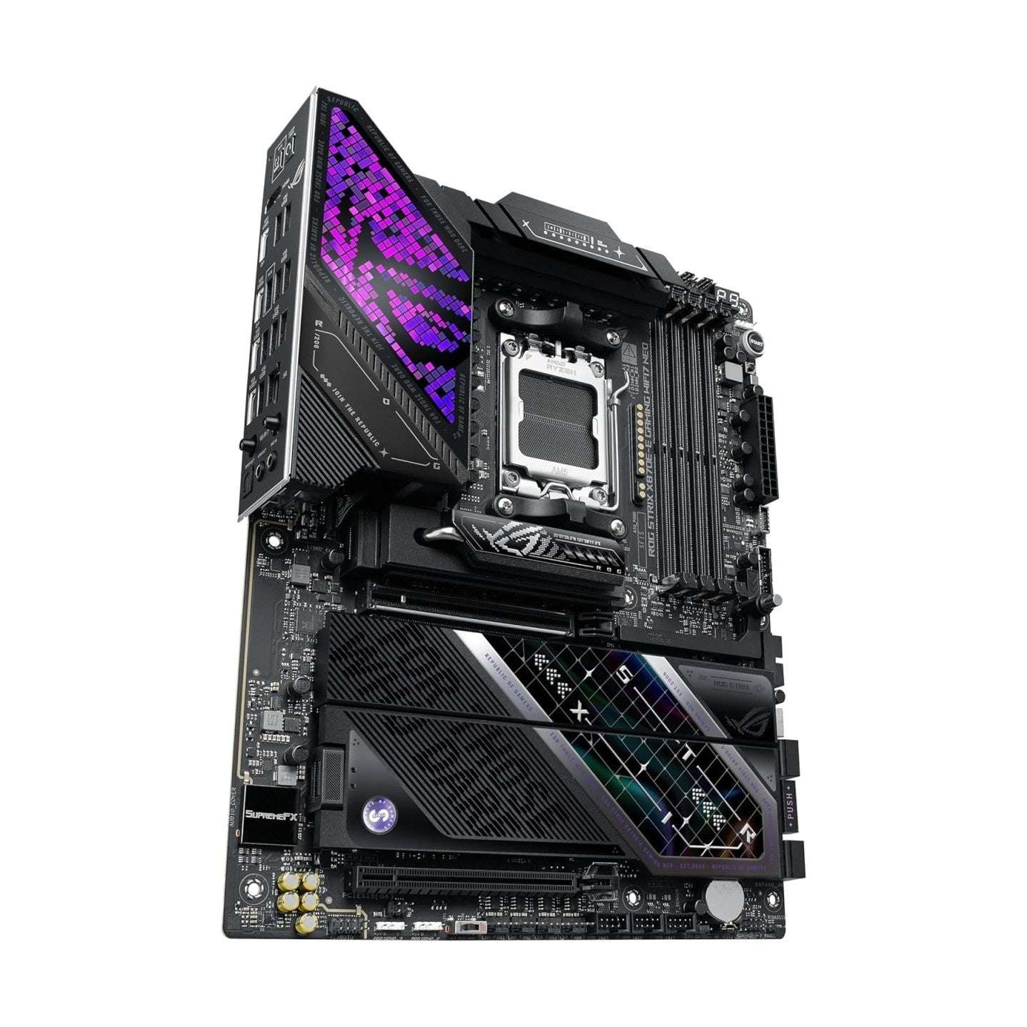 Black gaming motherboard side view with CPU socket cooler and purple RGB light panel