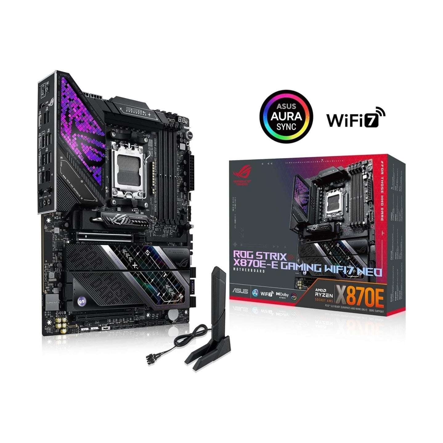 ROG Strix X870E-E gaming motherboard with black heatsinks and purple Aura Sync light accents.