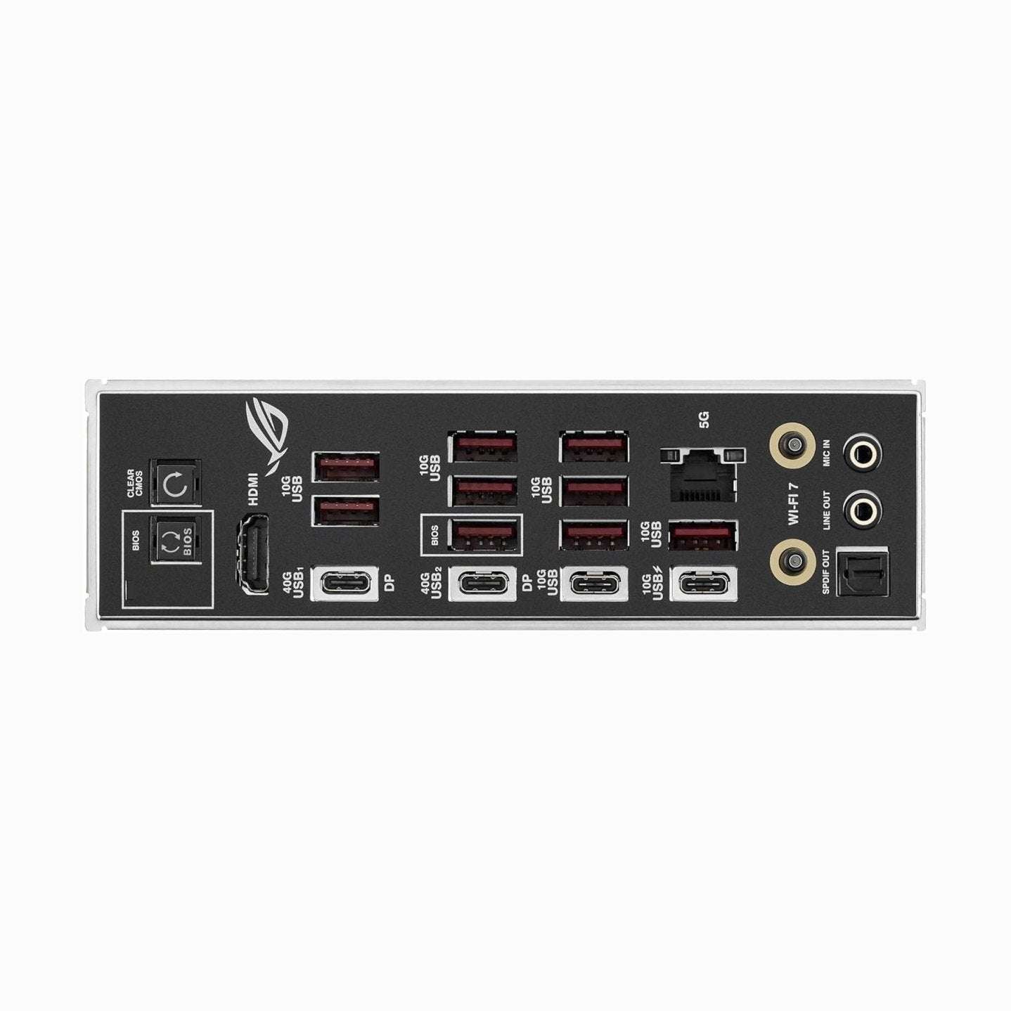 ROG Strix motherboard rear I/O panel with USB, HDMI, LAN, and audio ports.