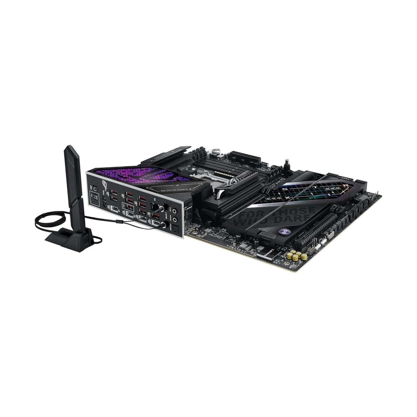 Black gaming motherboard with rear I/O ports and purple RGB lighting on top shroud