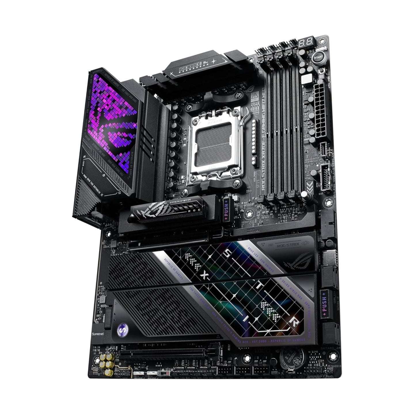 Black gaming motherboard close view with CPU socket, memory slots, and purple RGB side