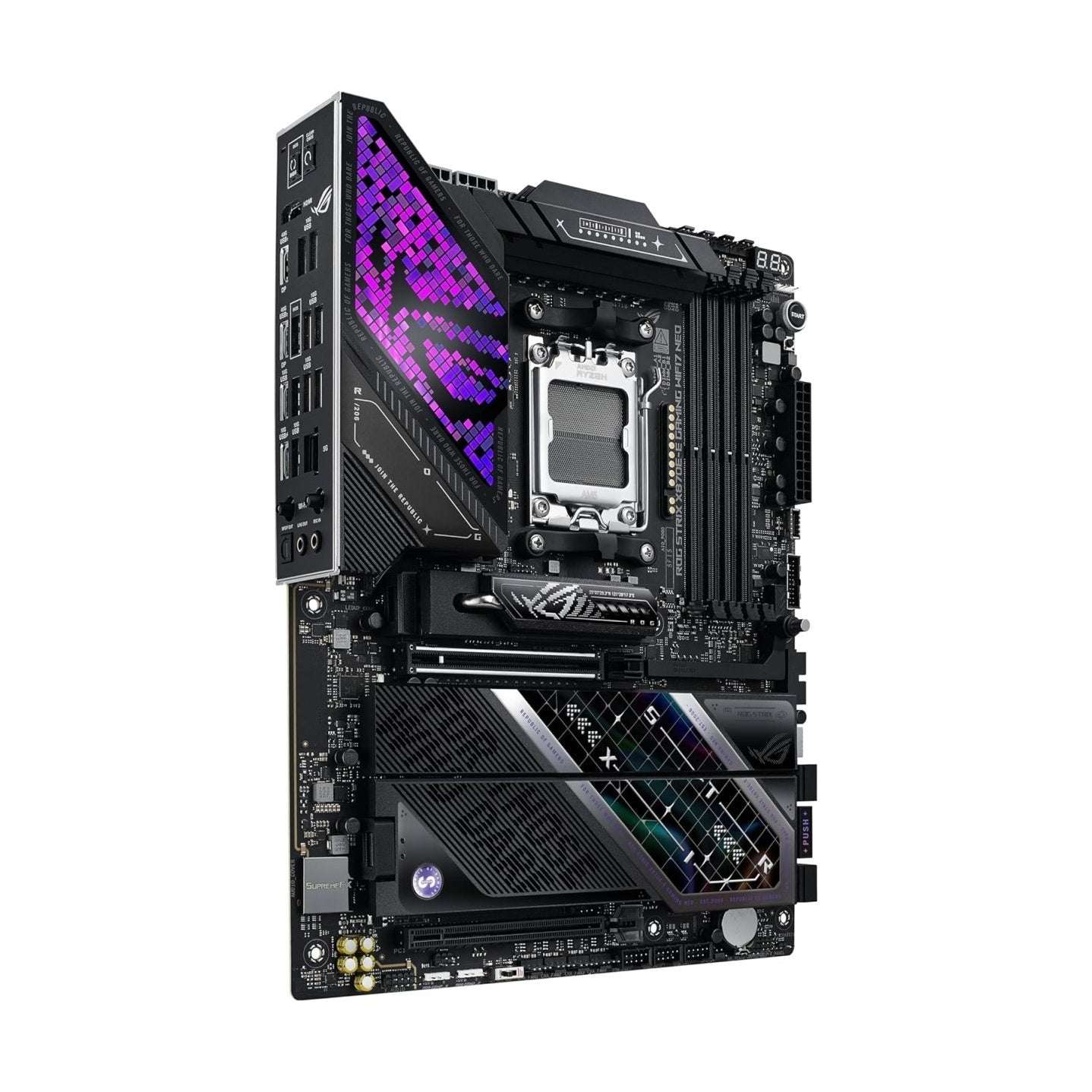 Black gaming motherboard upright view with CPU socket, memory slots, and purple RGB accent