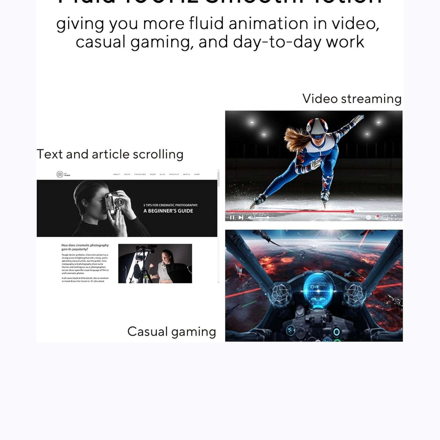 Black desktop monitor with screen showing video, gaming, and text panels.