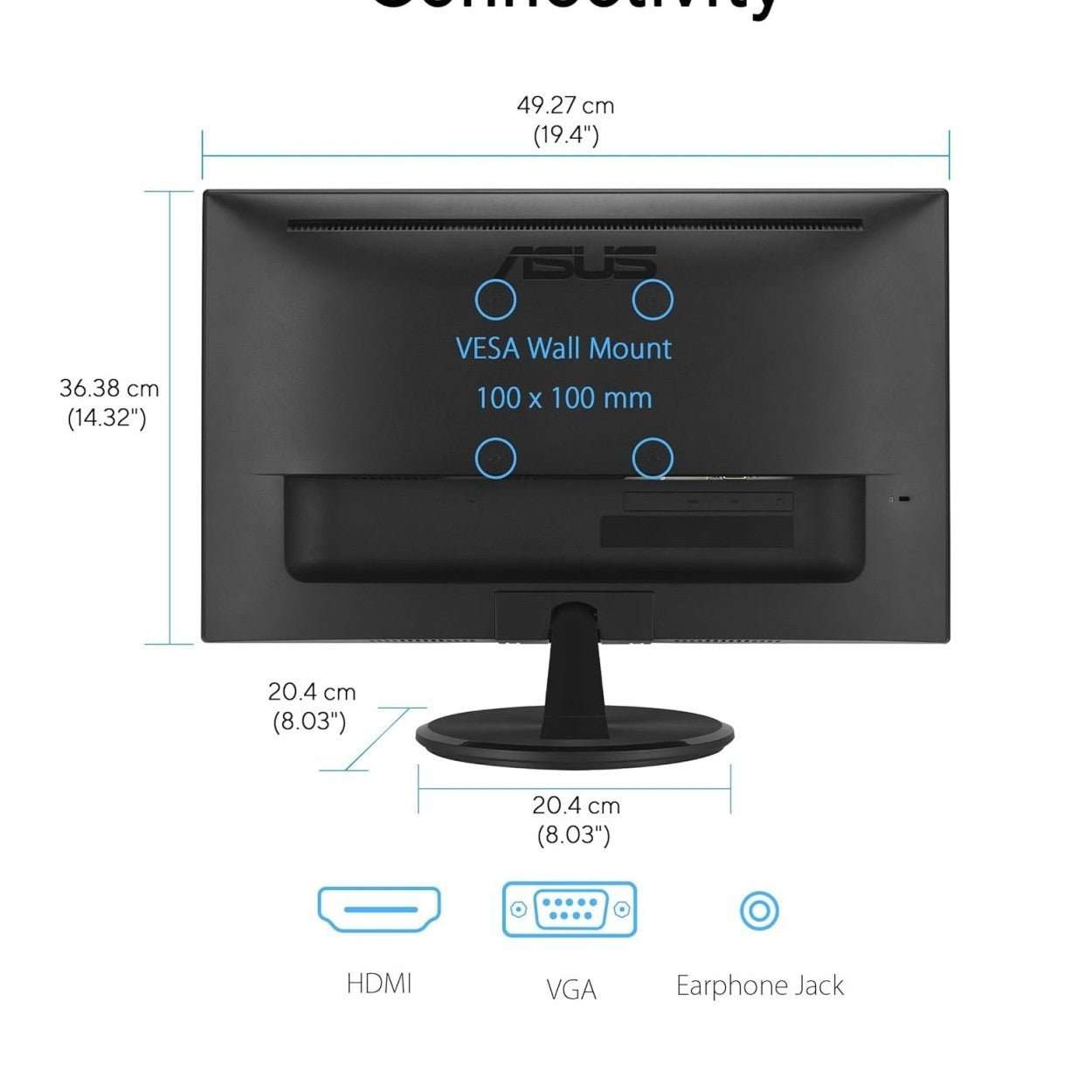 Black ASUS monitor with VESA wall mount diagram and HDMI/VGA/Earphone labels.