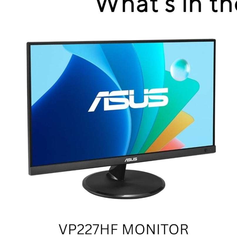 Black ASUS VP227HF monitor with circular stand, front view.
