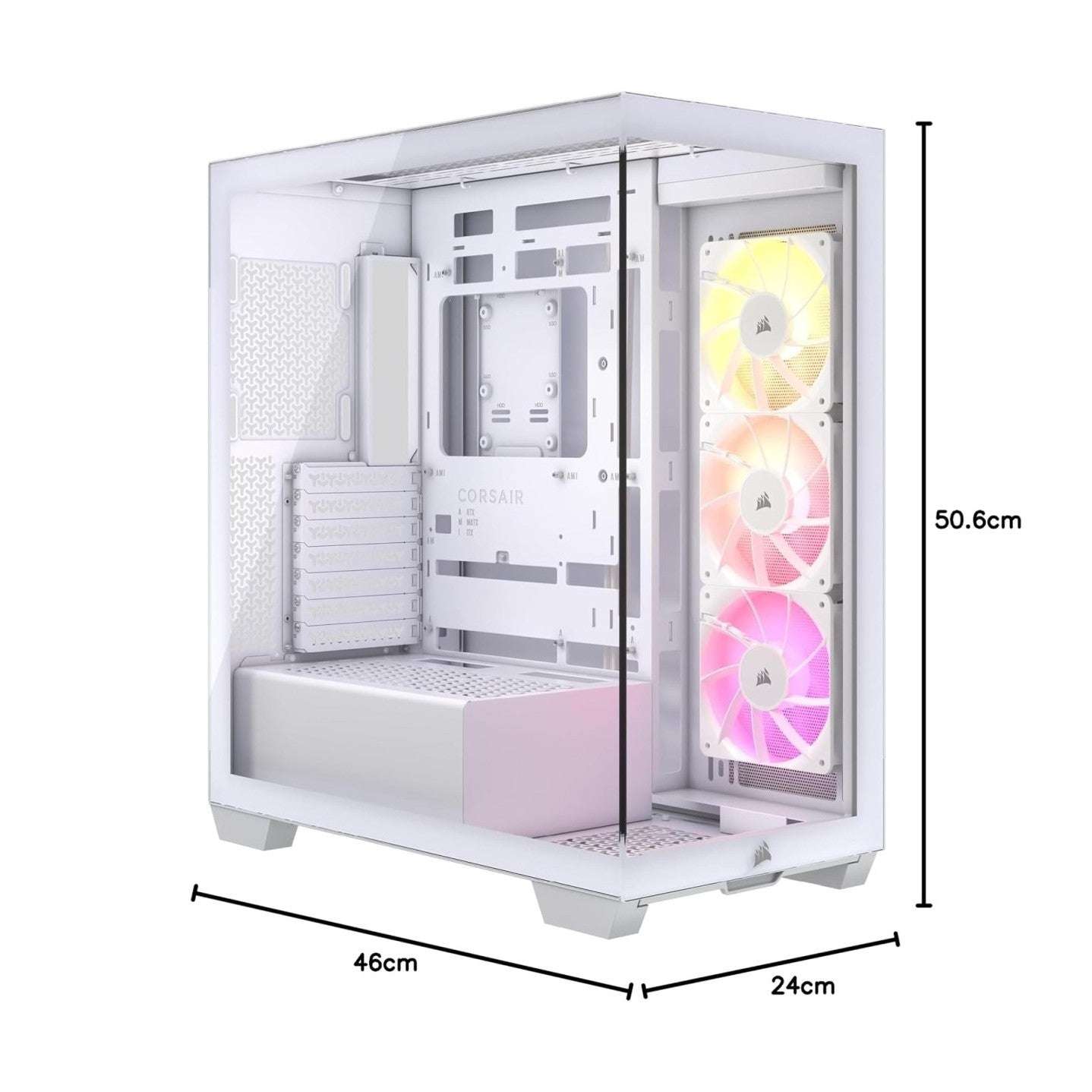 White mid-tower PC case with tempered glass side, triple RGB fans, 50.6×46×24 cm