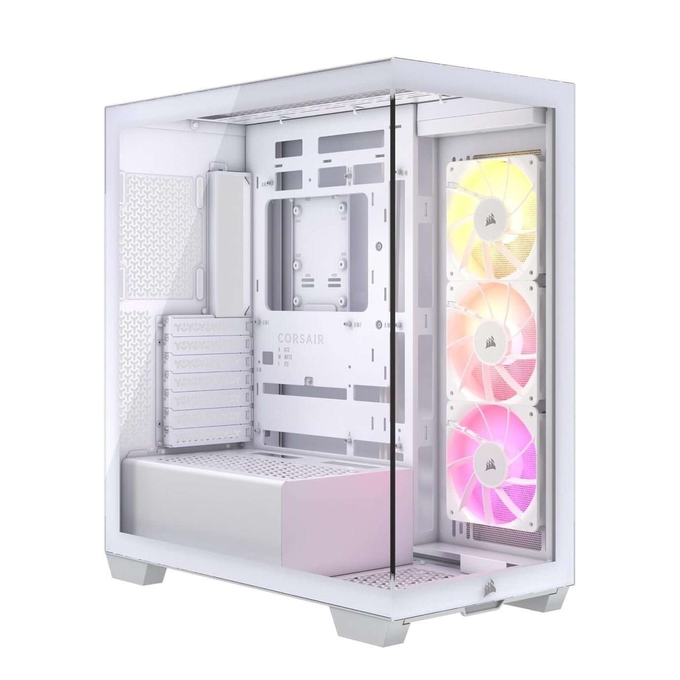 White mid-tower PC case with panoramic tempered glass side and triple RGB fans