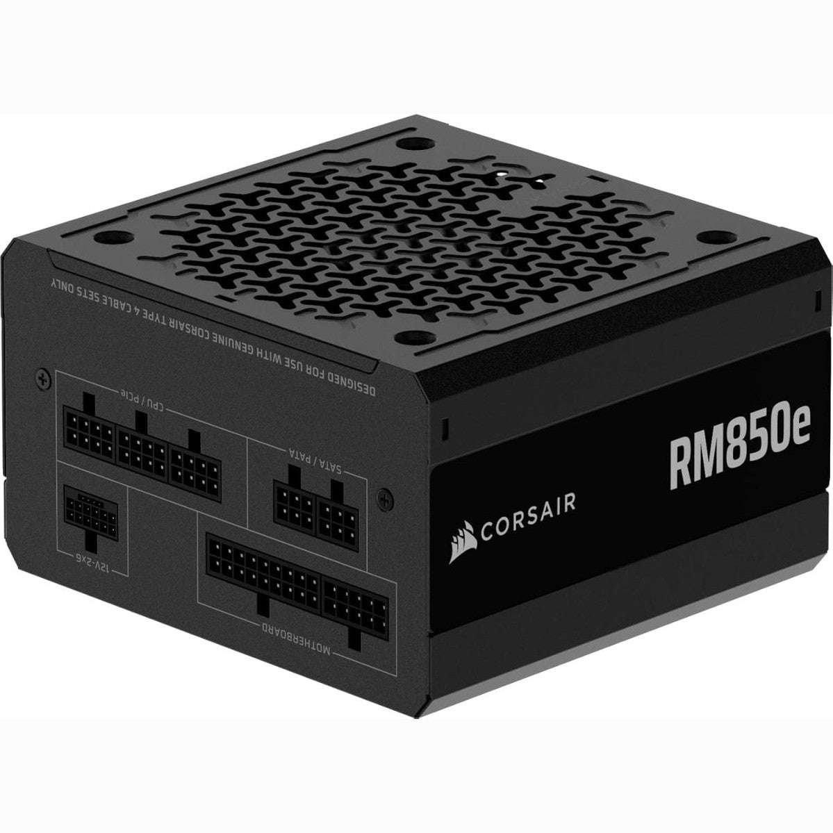 Black Corsair RM850e fully modular power supply, vented top and side connectors