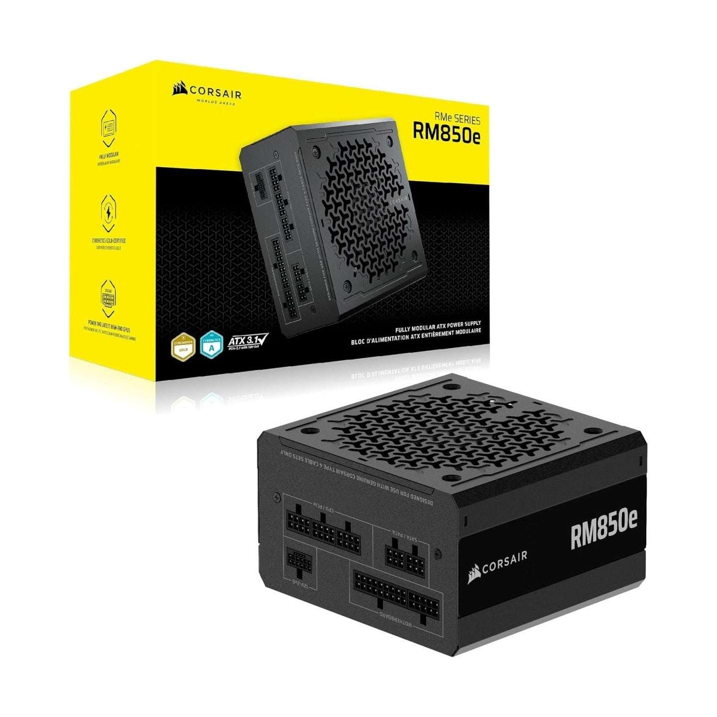 Black Corsair RM850e fully modular power supply with yellow retail packaging box