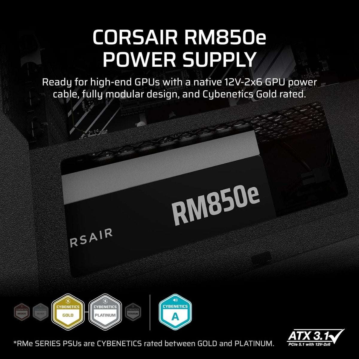 Black Corsair RM850e power supply with front nameplate and textured top vents