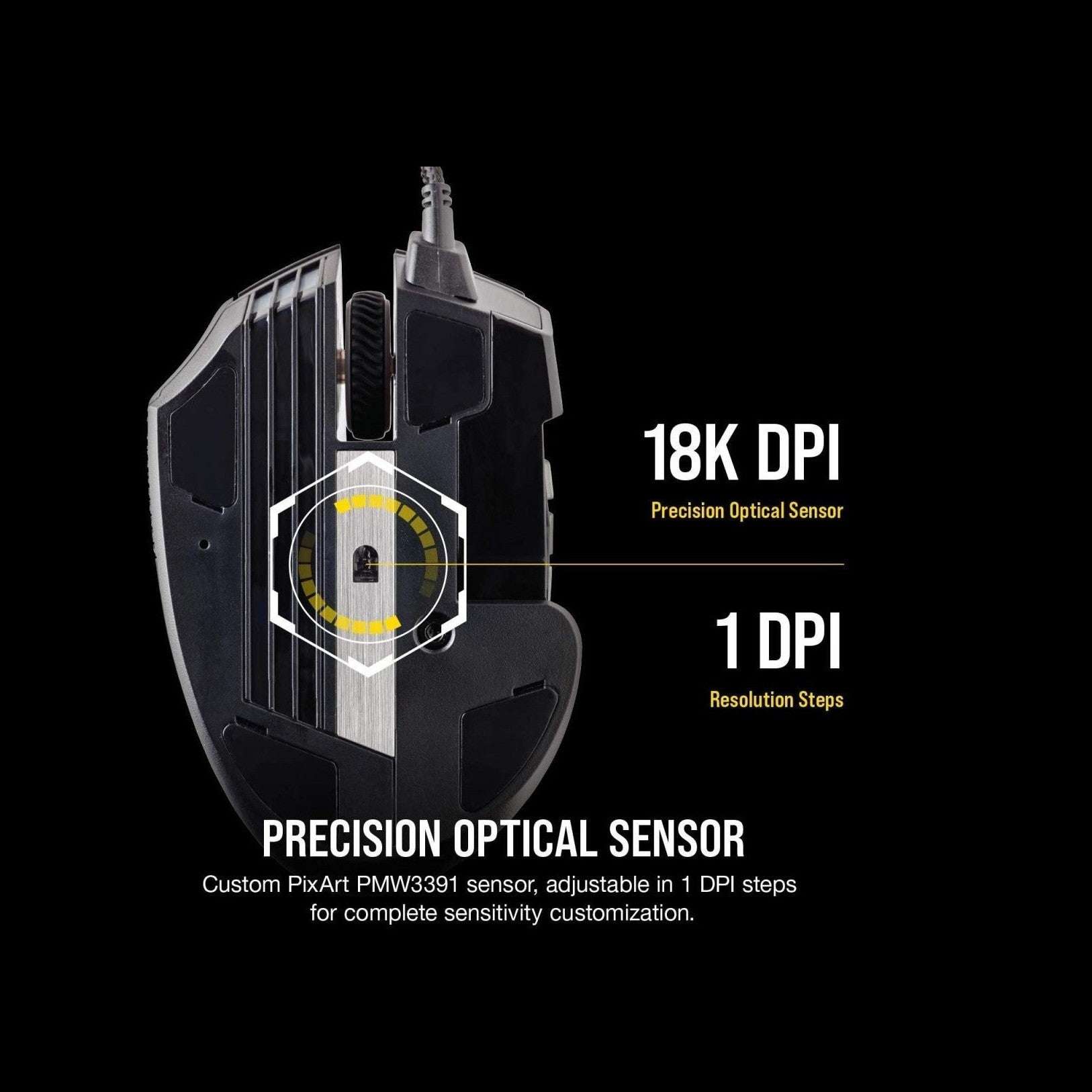 Corsair black gaming mouse with precision optical sensor housing detail