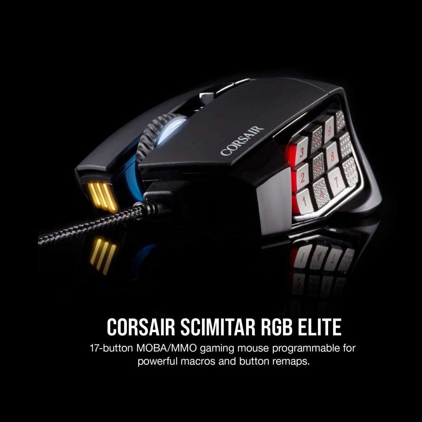 Corsair black gaming mouse with illuminated button cluster and side RGB lighting