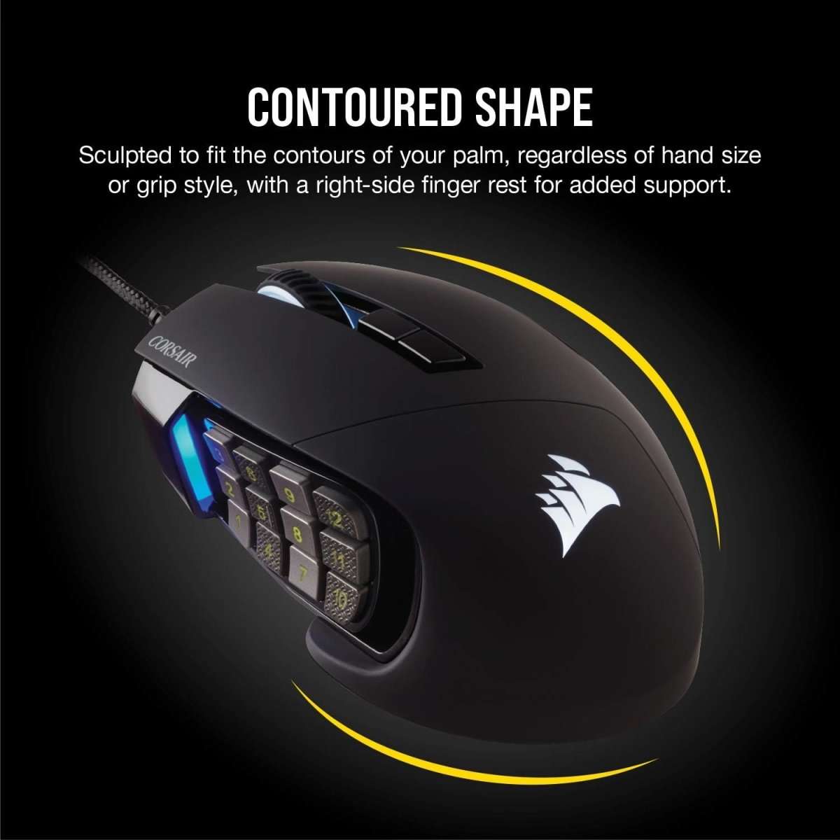 Corsair black gaming mouse with ergonomic curved shape and blue RGB inner light
