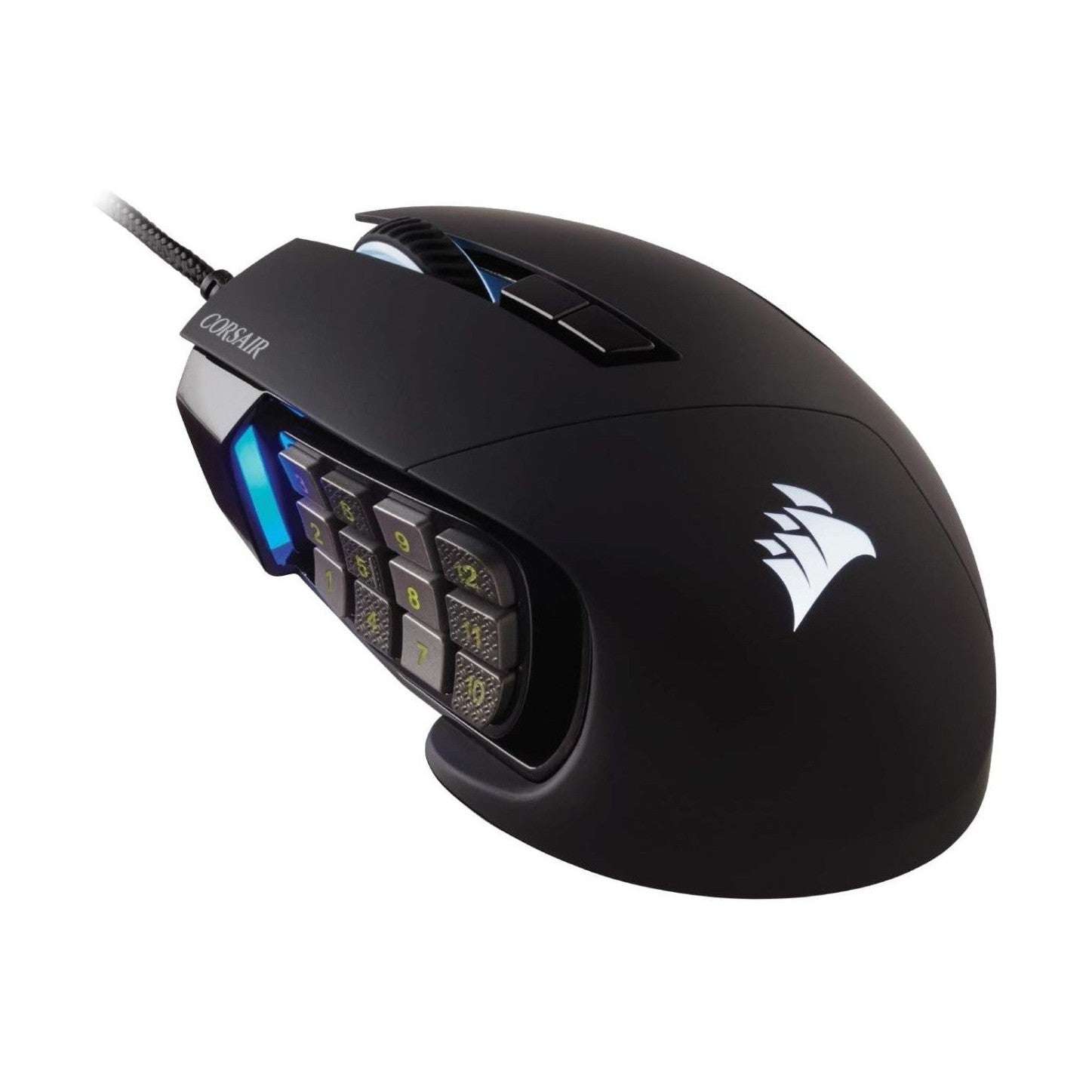 Corsair black gaming mouse with blue RGB accents and numbered side button grid