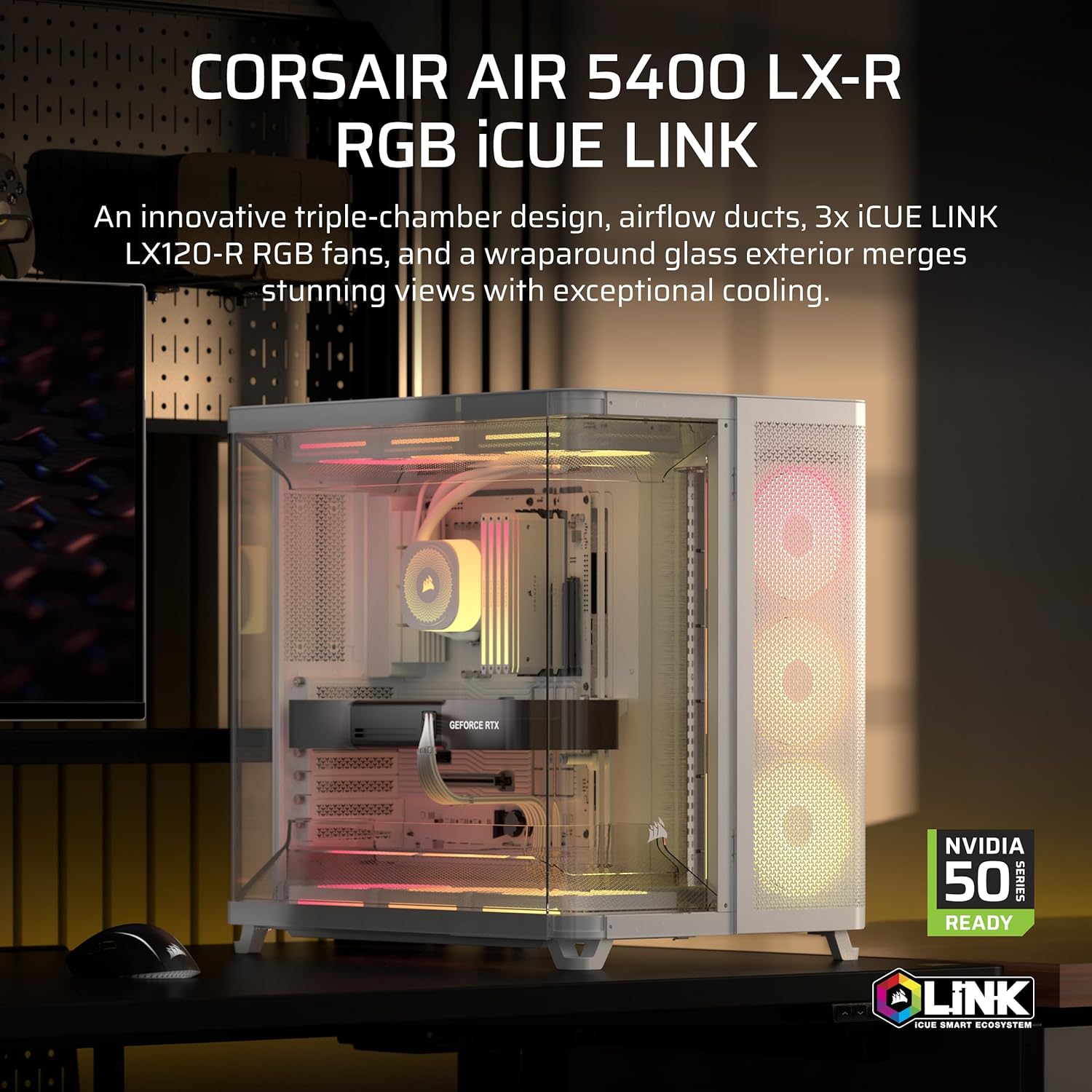 Corsair AIR 5400 LX-R RGB iCUE Link Mid-Tower PC Case White - OPCbleu