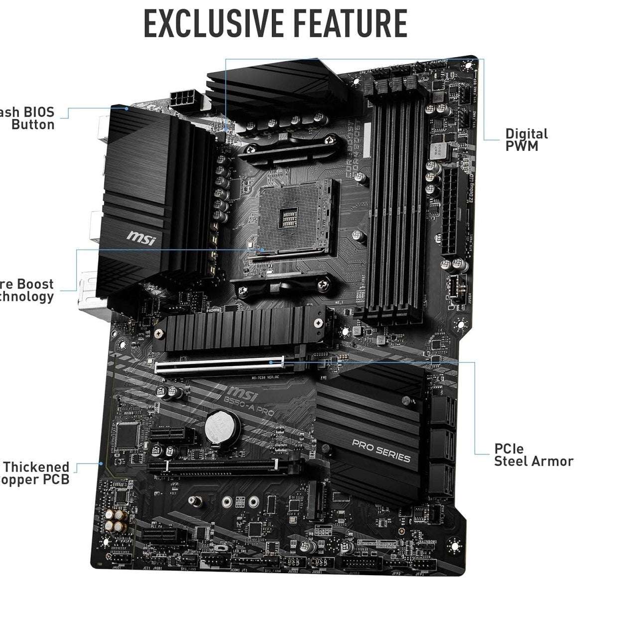 MSI B550-A PRO ATX motherboard with CPU socket and black VRM heat spreaders