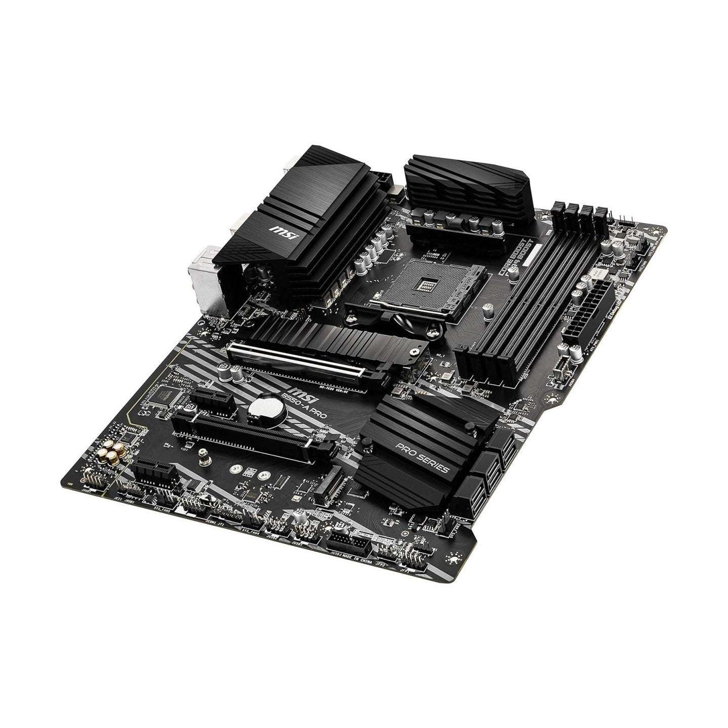 AMD AM4 ATX motherboard shown at an angle with black heatsinks and PCIe slots