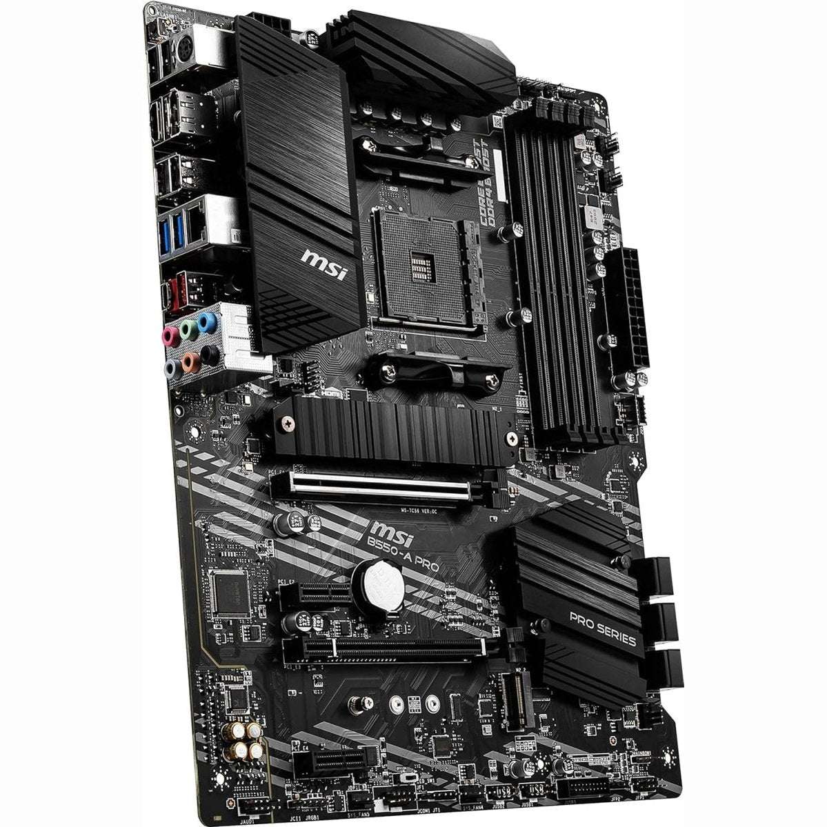 AMD AM4 ATX motherboard with black heatsinks, DIMM slots, and reinforced PCIe area