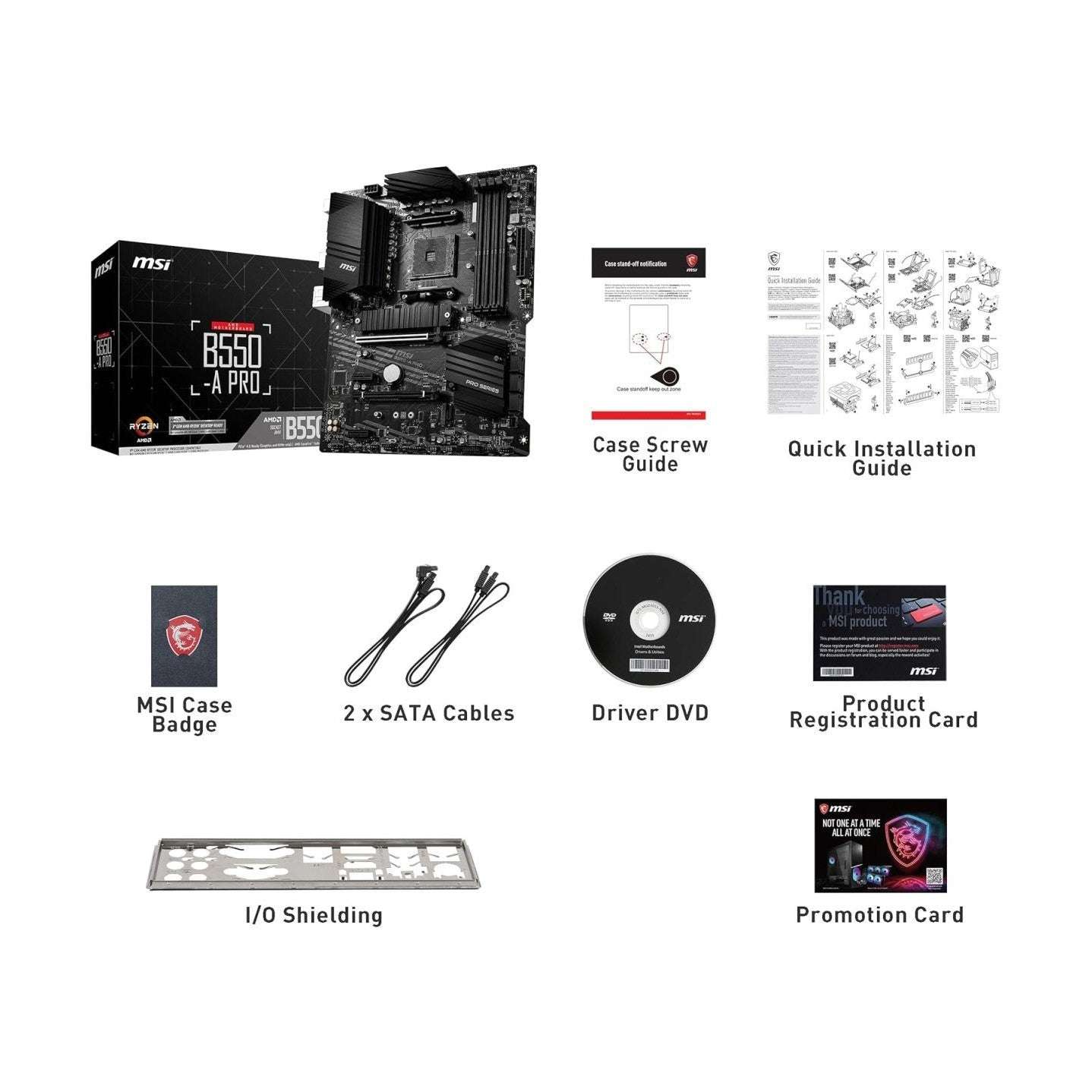 MSI B550-A PRO ATX motherboard accessories shown with black motherboard and box items