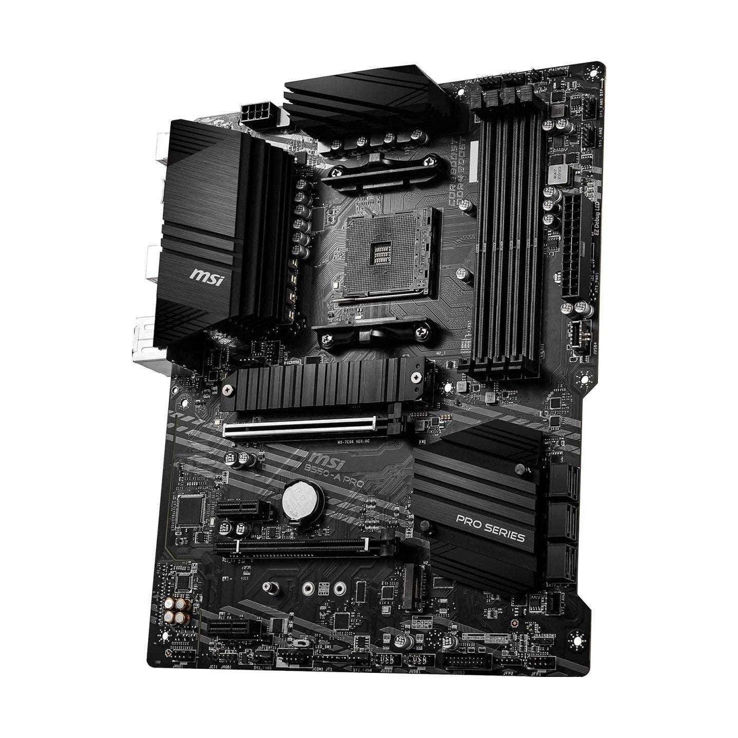 MSI B550-A PRO ATX motherboard with black PCB, CPU socket, and ribbed memory area